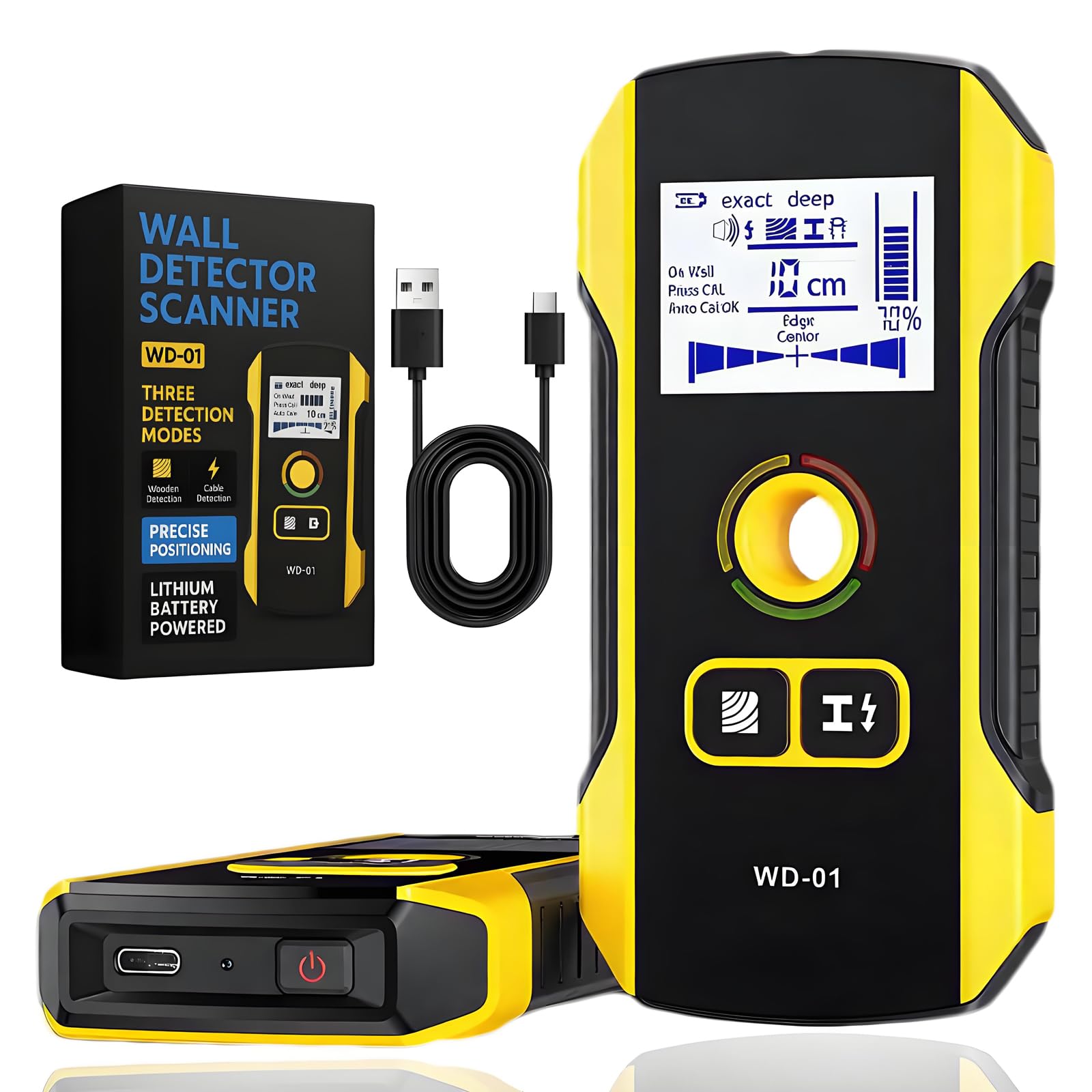 Detector de vigas de precisión con escáner de pared para cables metálicos, tuberías y vigas con pantalla LCD, orificio de posicionamiento de 120 mm, resistente a los golpes y recargable