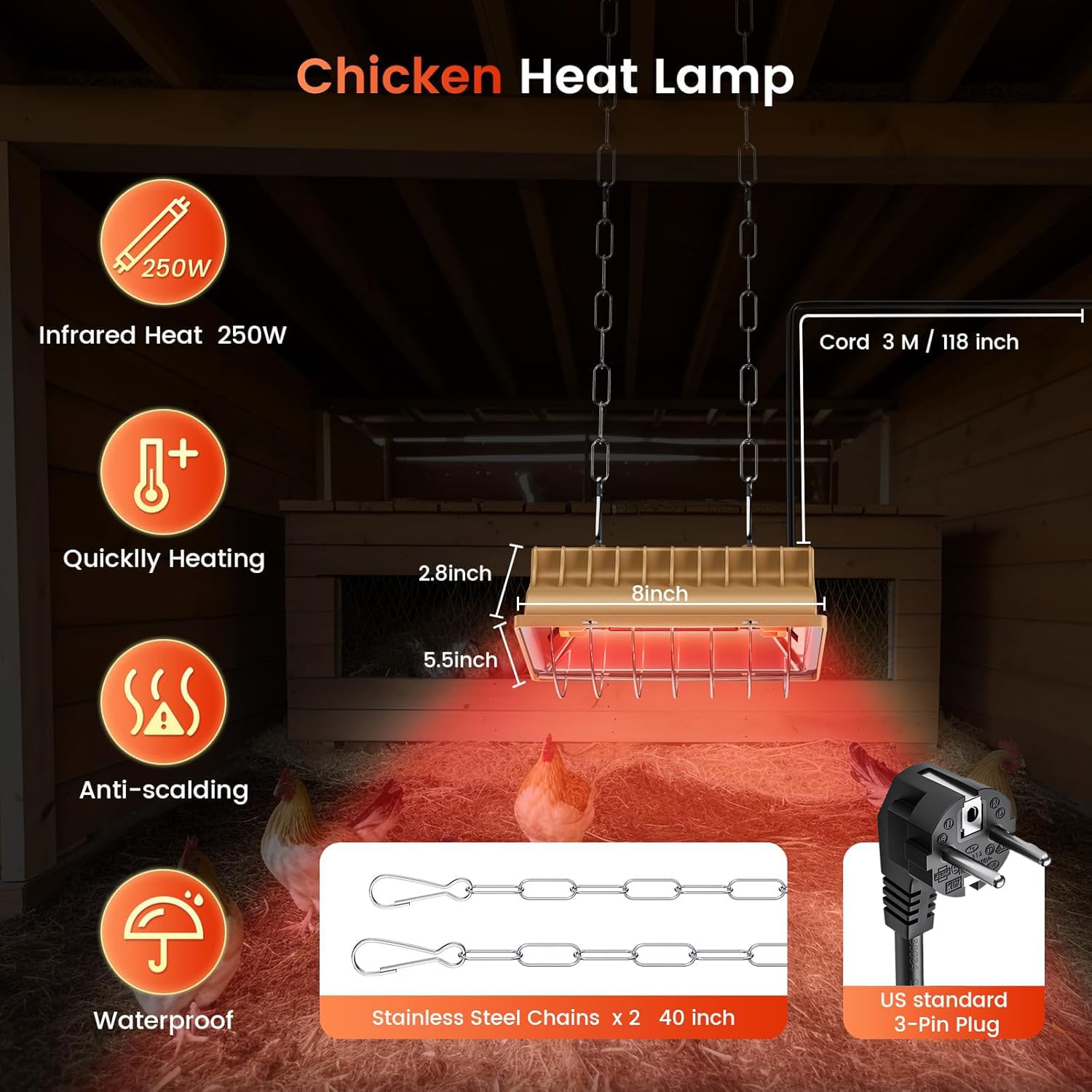 HEYOUTH Lampada Pulcini Riscaldante,lampada riscaldante, lampada riscaldante per cani, lampada infrarossi riscaldante, Riflettore Lampada in Alluminio per Rettili (250W)