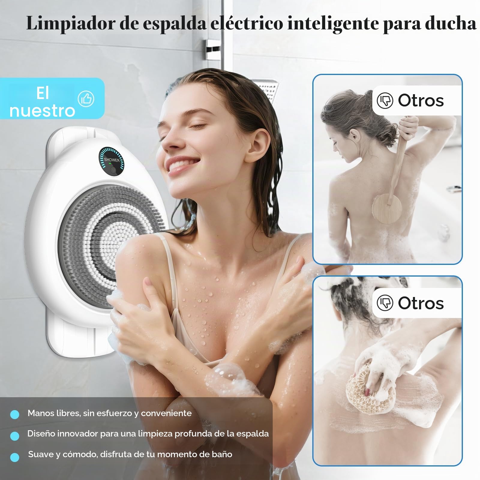 Cepillo eléctrico para la espalda para ducha, cepillo exfoliante montado en la pared, limpiador corporal automático manos libres, IPX7 resistente al agua, ajuste de 3 velocidades, 3 cabezales