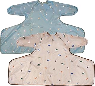 2 PACK, Coverall Baby Feeding Bib, Easy To Clean Long Bibs, Dinosaur and Ice Cream themes, Long Sleeve Bib, High Chair Catch All Bib, Weaning Bib, High Chair Cover. o1baby