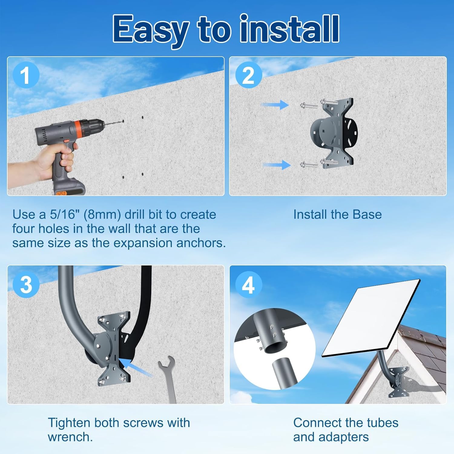 Support Starlink Gen 3, Kit de Montage Réglable Compatible avec Gen 3/V3, avec Adaptateur de Tuyau, Support Mural Long pour Kit Internet