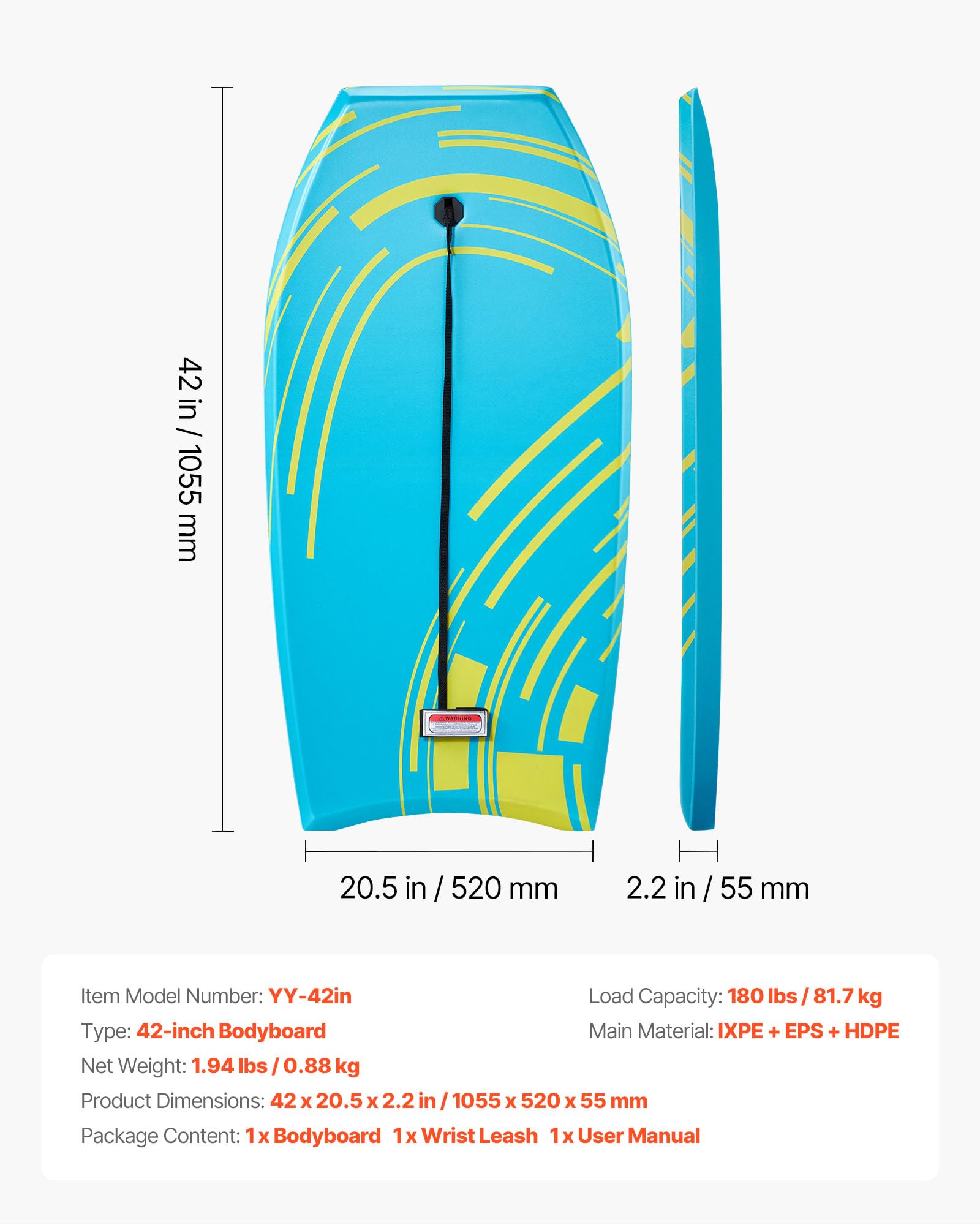 VEVOR Planche de Bodyboard 105,5 cm, Bodyboard de Plage avec Noyau en Mousse EPS et Leash de Poignet, Matériel de Surf Sport Nautique pour Débutants et Jeunes jusqu'à 81,7 kg, Planche de Boogie Bleue