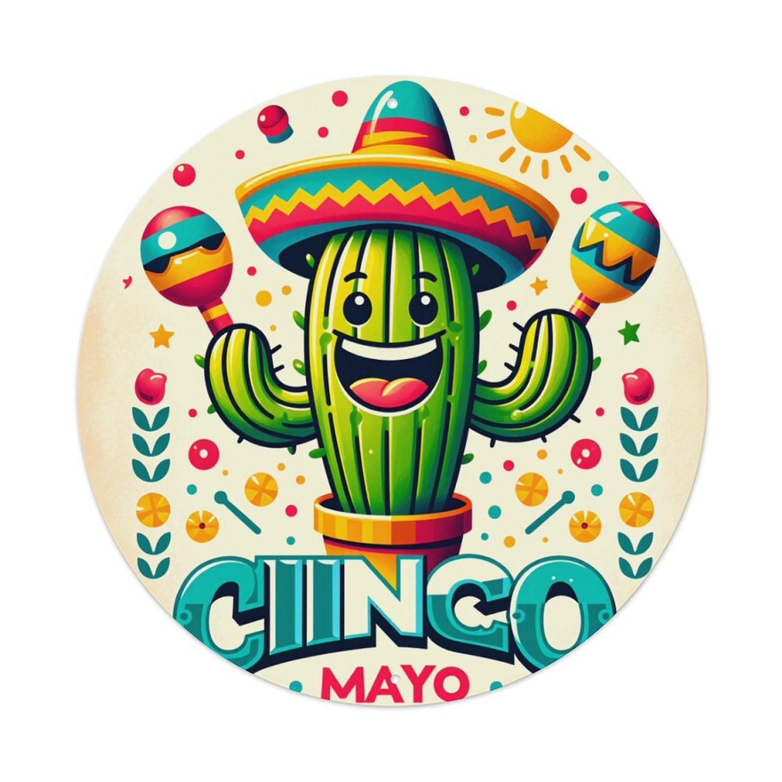 Cactus With Sombrero And Maracas Round Tin Sign Retro Metal Sign for Cafe Bar Pub Home Game Room Gym Club Wall Decoration Vintage Metal Poster 8x8 Inch