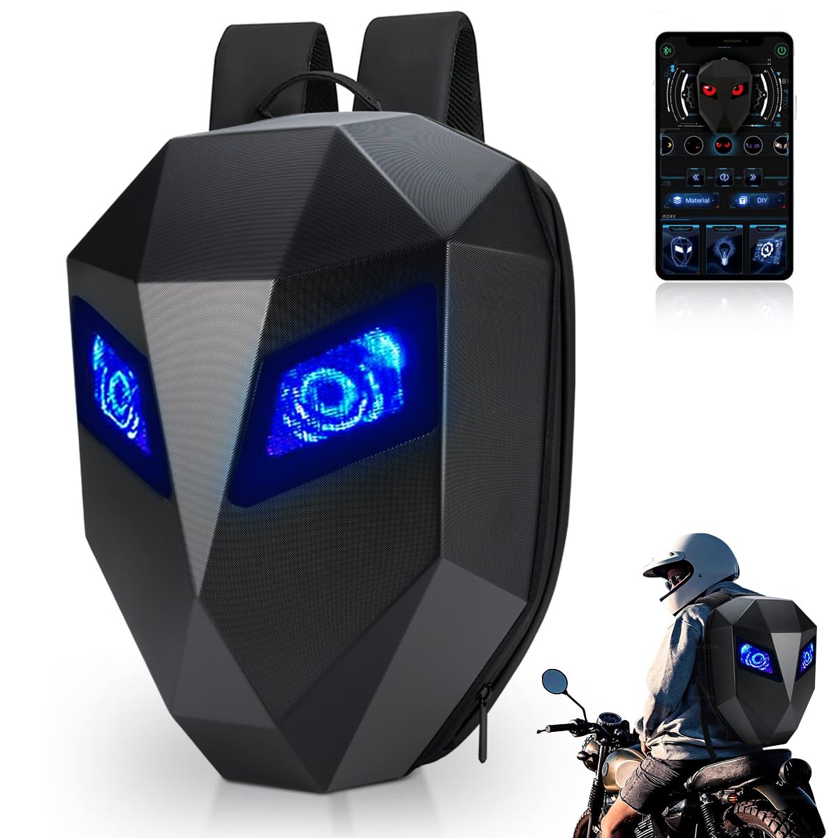 MOXOERL Mochila Ojos Led Moto, Mochila de Motocicleta LED para Hombre, Impermeable para Casco de Moto 3D, Texto/Imagen/GIF Animado, Negro