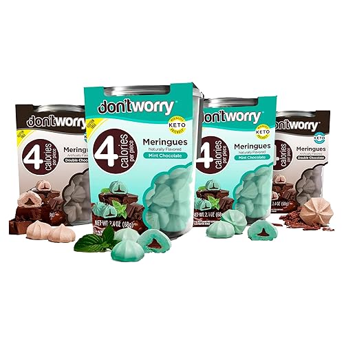Don't Worry Keto Friendly Meringue Cookies - Strawberry - Vanilla - 4 Pack -Only 1 Calorie per piece! - Gluten Free Snacks for Adults, Low Carb, Low Sugar, Low Calories - Mint - Double Chocolate Pack of 4