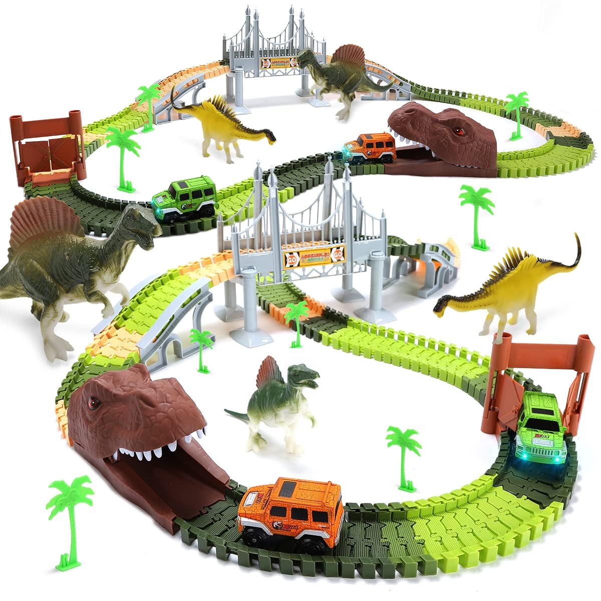 EagleStone Dinosaur Toys Race Track Set 194 PCS for Kids, Flexible Train Tracks with 2 Dinosaurs Figures,1 Bridge,2 Electric Cars Vehicle Playset with LED Lights,Best Gift for Toddlers Boys and Girls