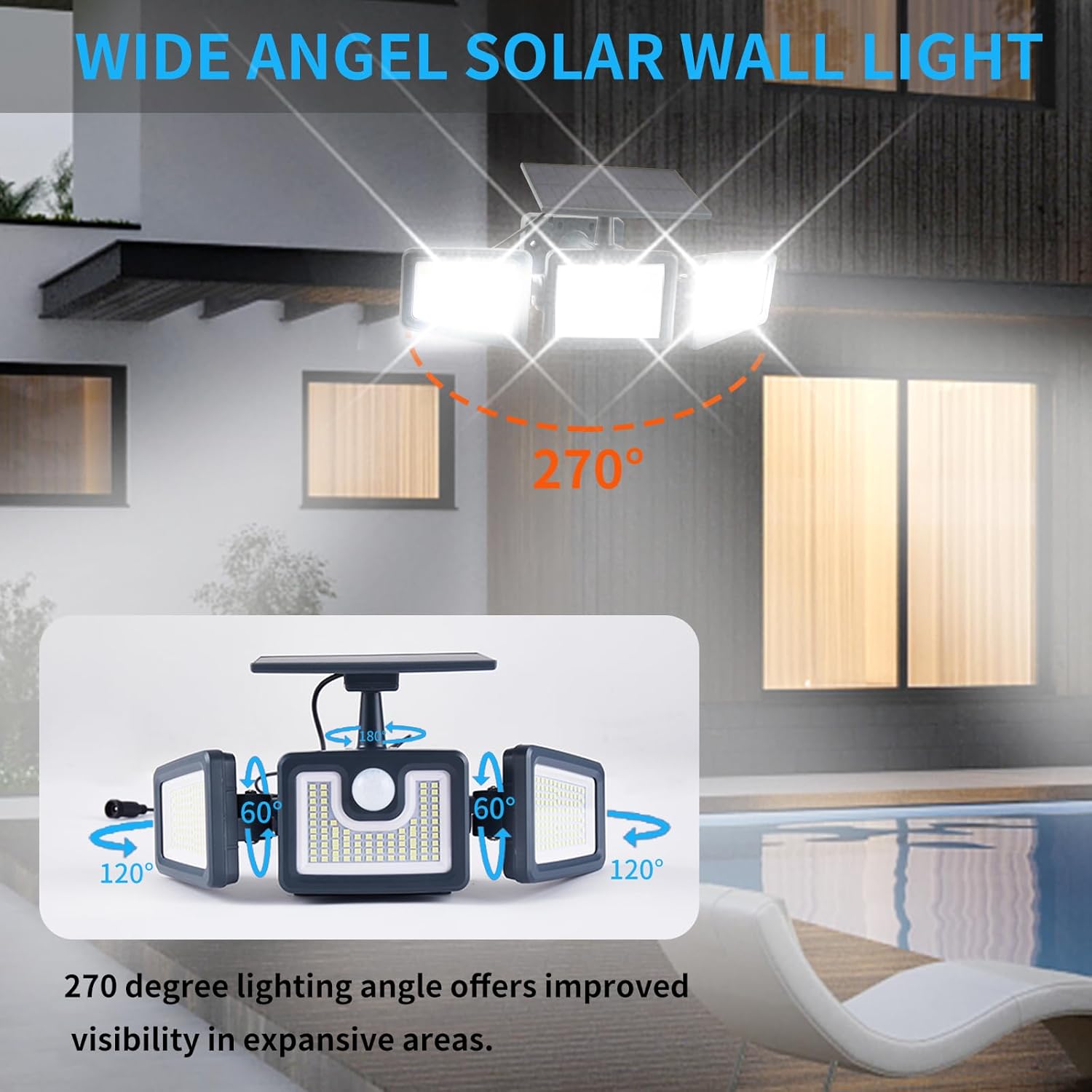 Solar Motion Sensor Lights - 312 LED Waterproof Flood Security 3 Head Adjustable with 270° Wide Lighting Angle Solar Powered Lights Wall Light for Garden Yard Patio Pathway(2pack)