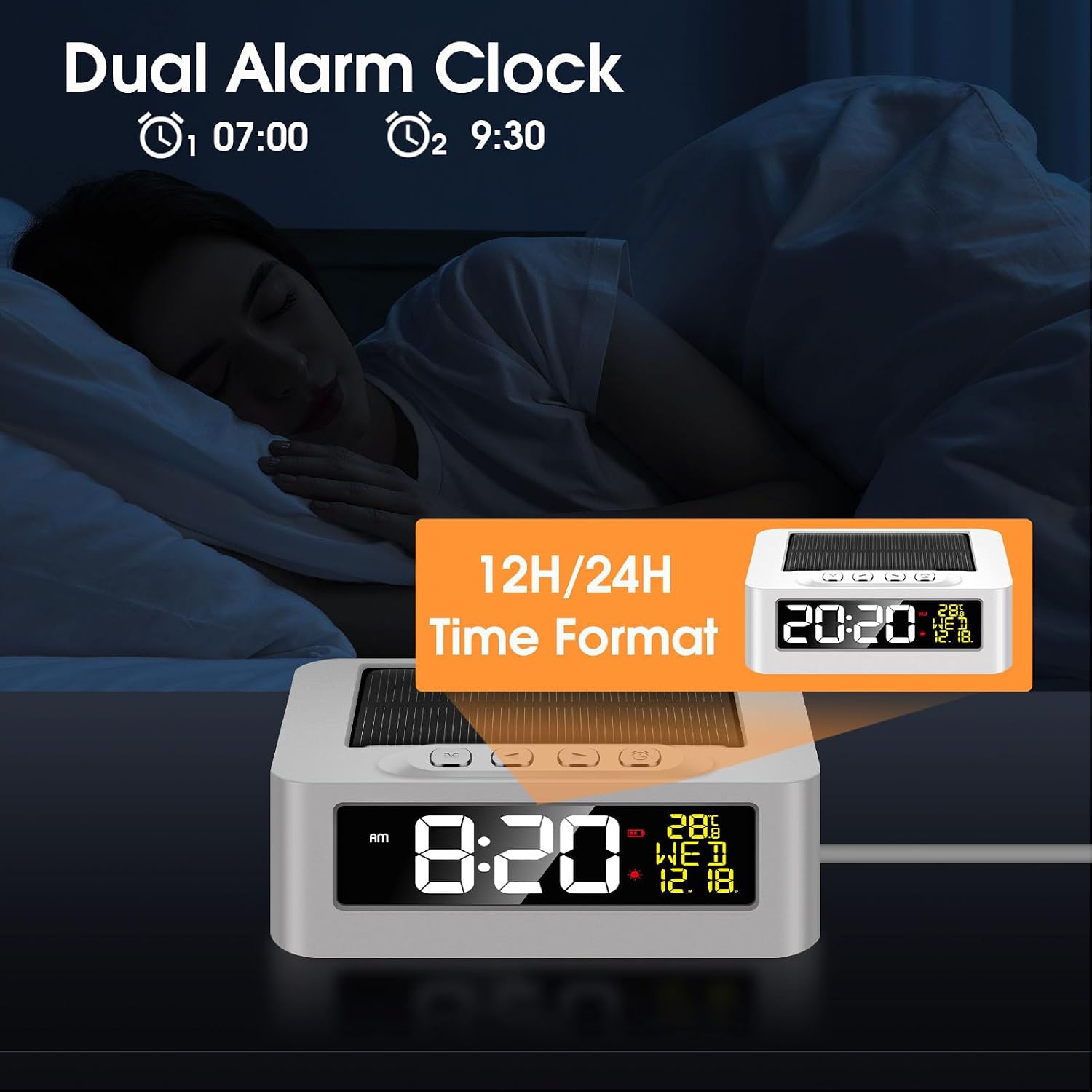 LICAEVEY Digital Car Dashboard Clock with Solar Power, Temperature Display & Dual Alarms, Fatigue Driving Alert Function for Vehicle Truck, 12/24H Format (White)
