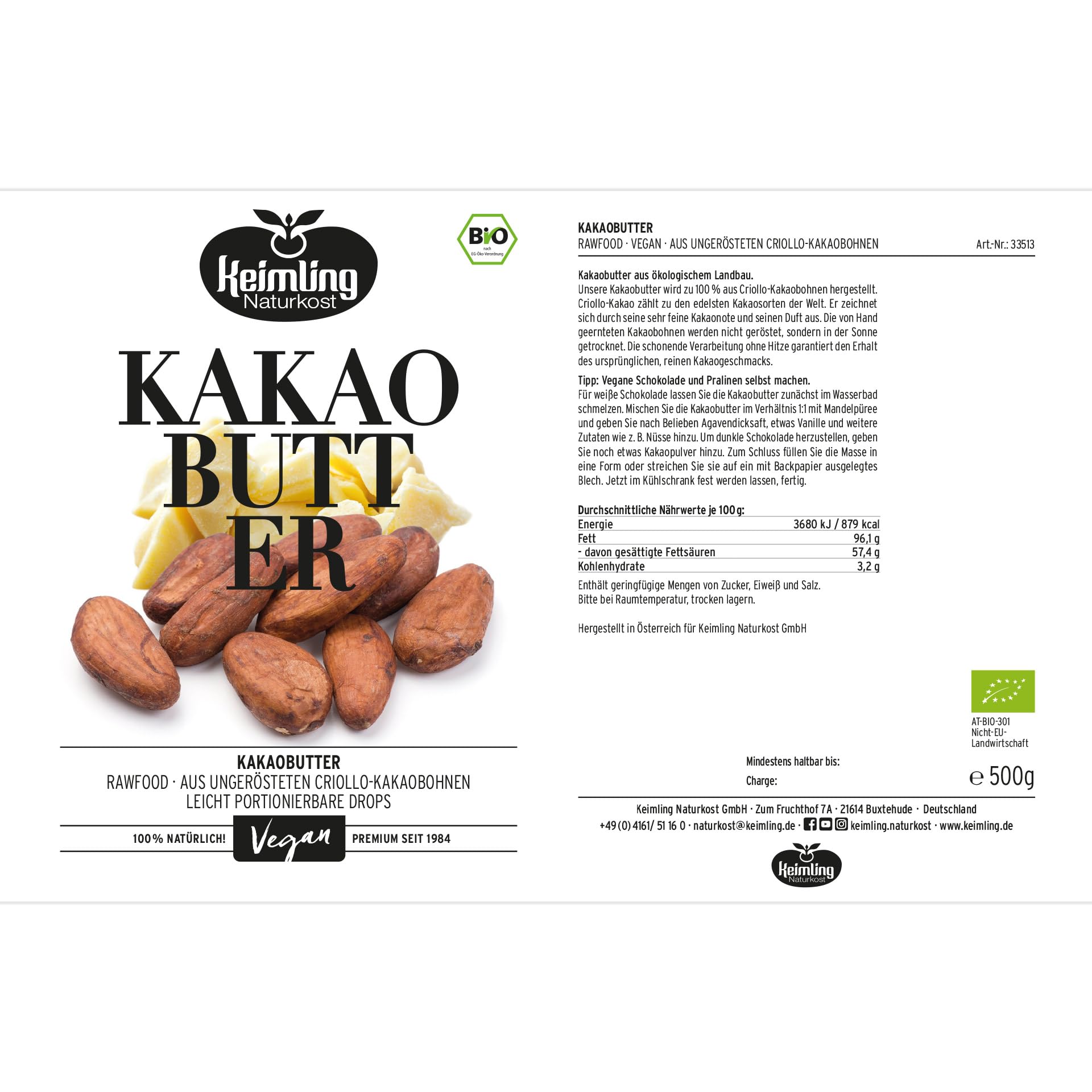 Bio Kakaobutter 500 g 100% reine Kakaobutter unraffiniert vegan naturbelassen