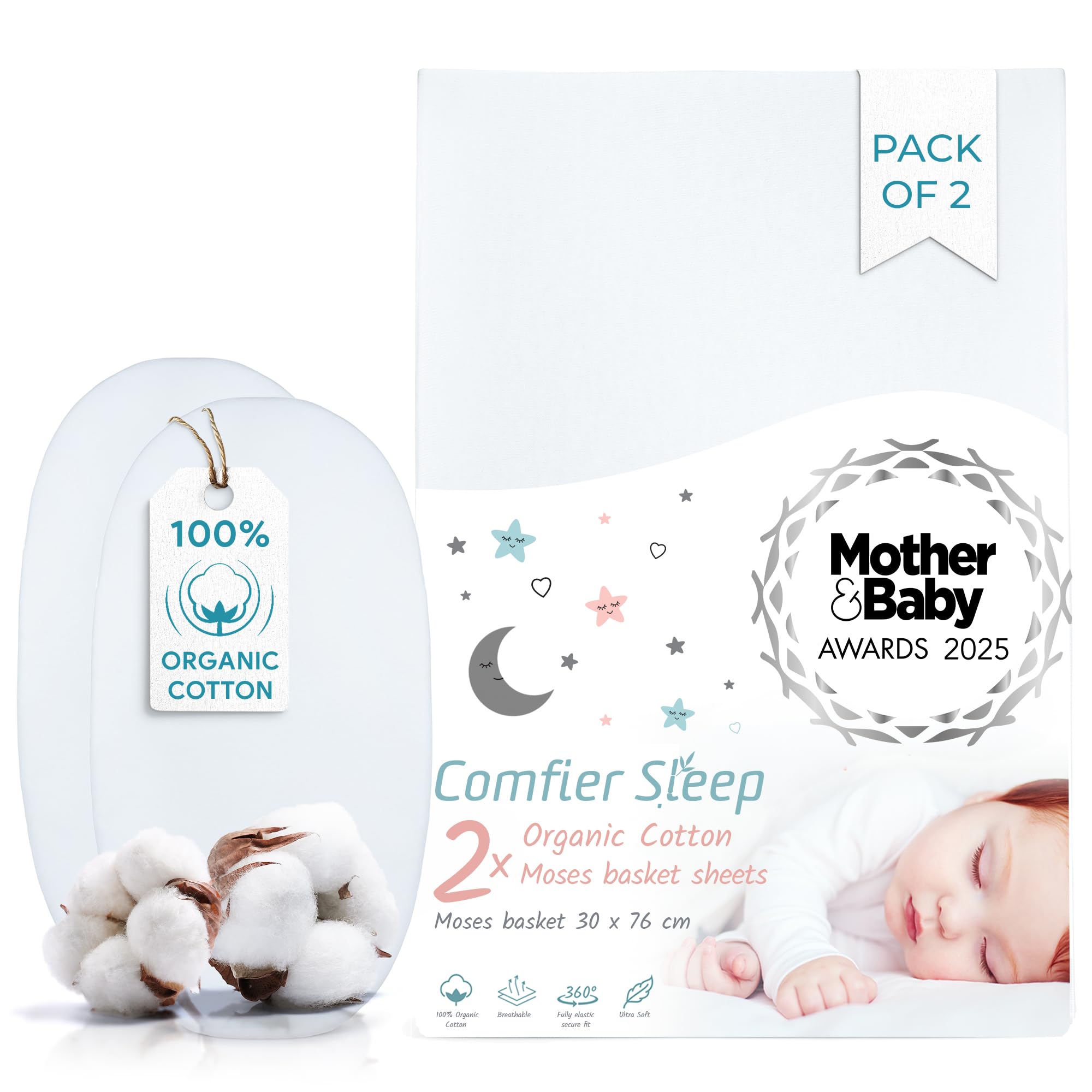 Next To Me Crib Sheets 51x85cm – Award-Winning 2 Pack Organic Cotton White Bedside Crib Fitted Sheets – Soft Breathable Tutti Bambini CoZee Fitted Sheets for Daily Use — view 29