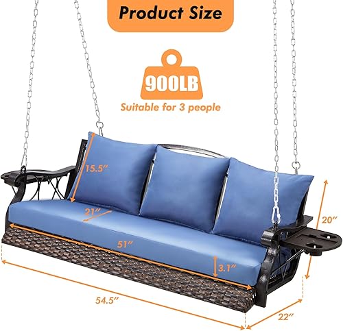 Miniatura 6 de Silla de columpio resistente de 900 libras para 3 personas al aire libre de ratán con soporte para tazas y cadenas de acero, banco colgante de