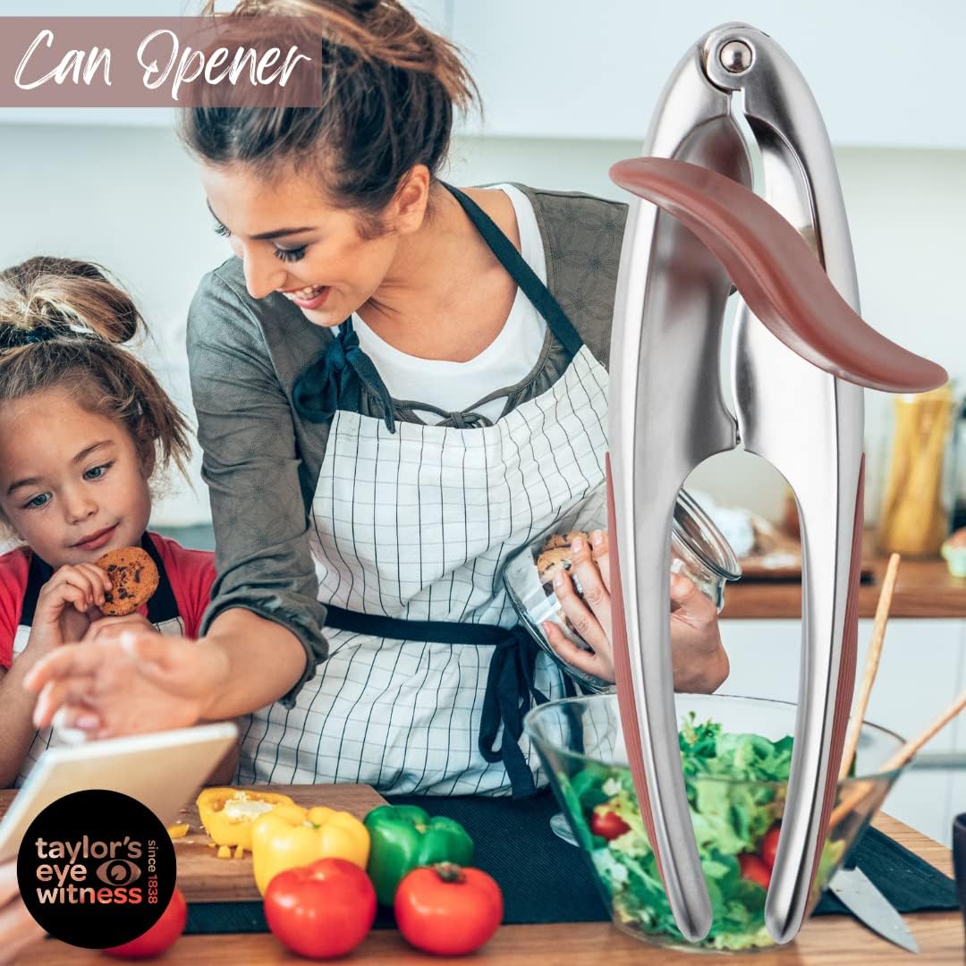 Premium 2-in-1 Manual Can Opener - Taylors Eye Witness, Easy to Use Tin Opener, Kitchen Gadget Made with Built-in Bottle Opener, Sturdy Zinc Aluminum Construction with Silver & Baked Clay Colouring