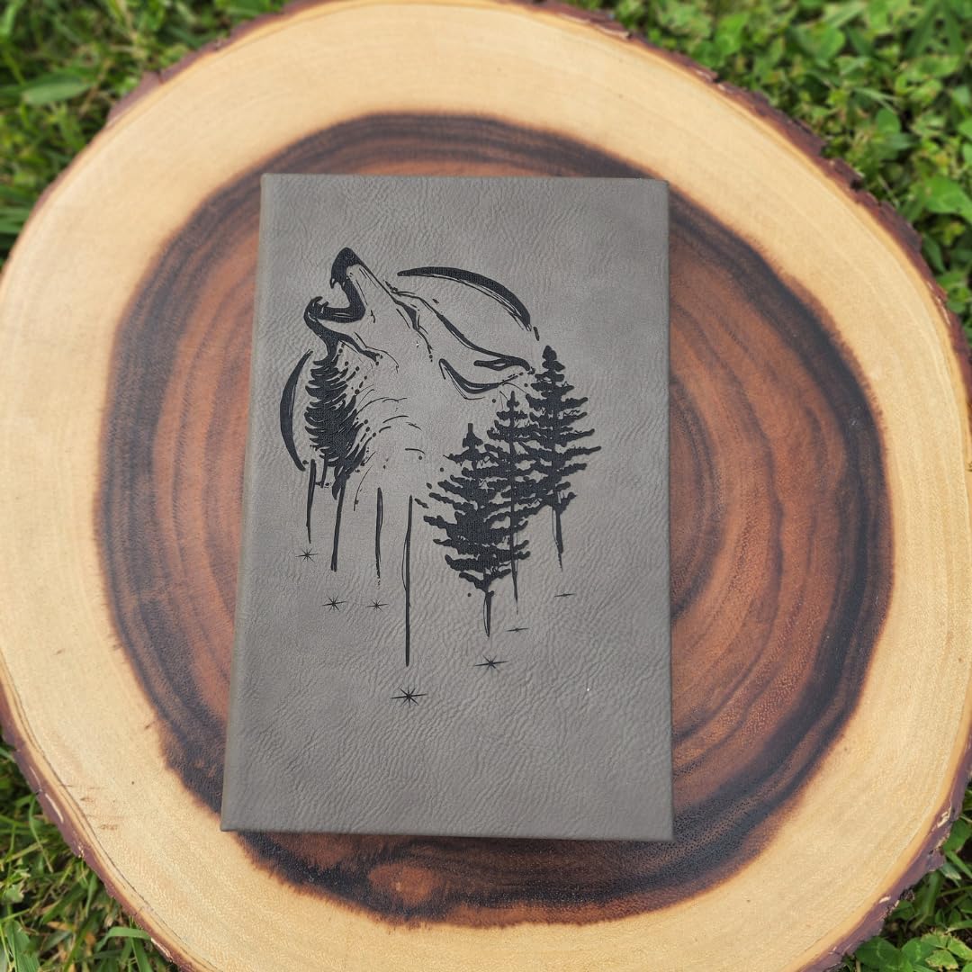 Witchy Wolf Journal or Sketchbook, Original Art engraved on Leather, Personalize with any text! (Gray)