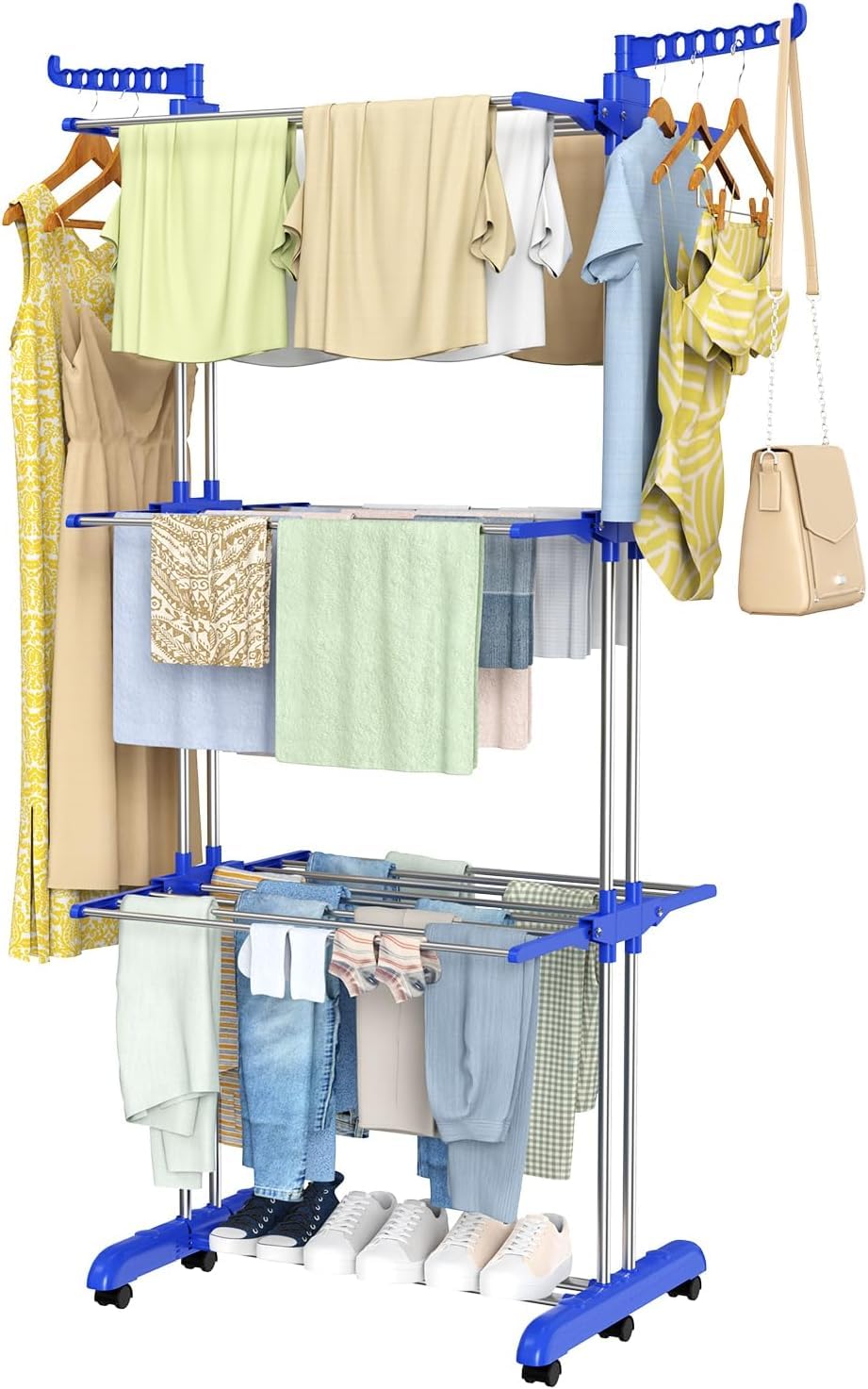 Clothes Drying Rack Folding Drying Rack Clothing 4 Tier Clothes Horses Rack Stainless Steel Laundry Drying Rack with Two Side Wings (4 Layer Cloth Stand)