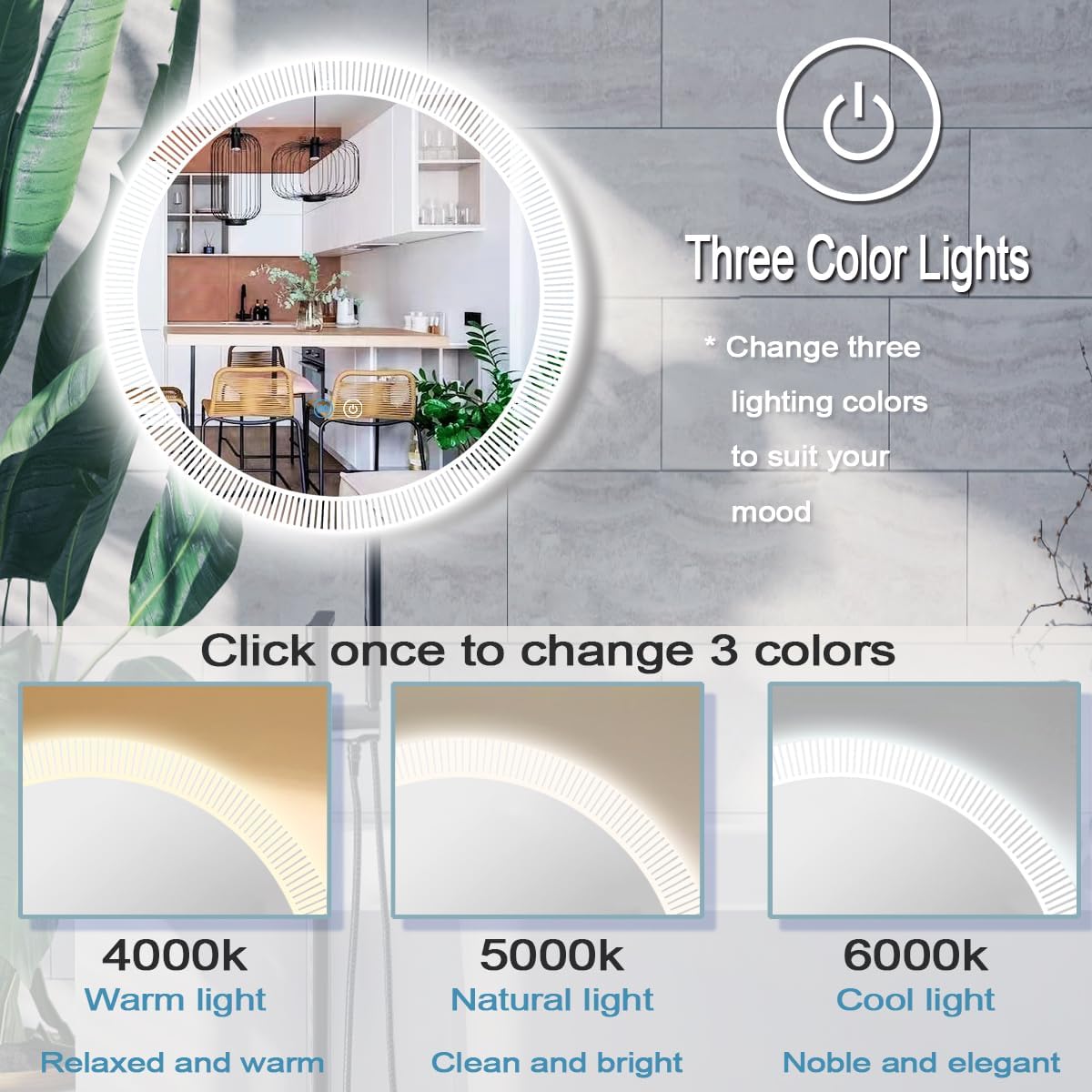 24 Inch Backlit Round LED Vanity Mirror with Lights Backlits Round Lighted Mirror for Bathroom Salon Wall LED Circle Mirrors with Strip Shaped Lights Memory Function 3 Color Dimmable AntiFog