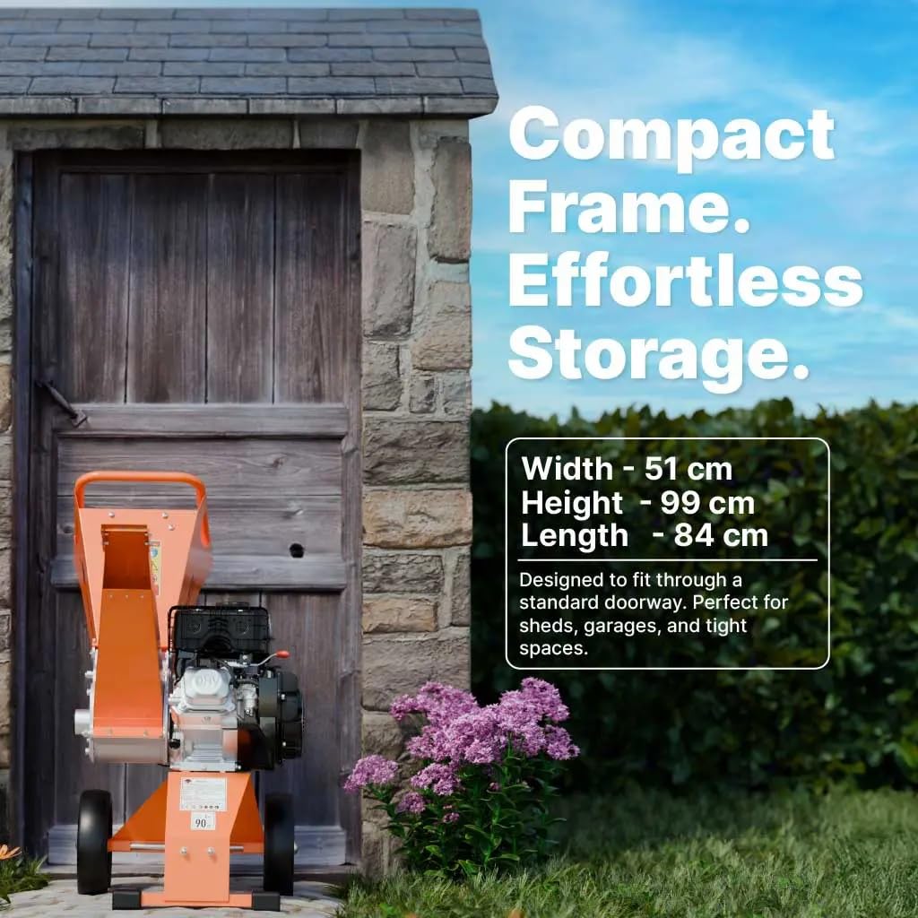 FM8DD - Cippatrice compatta per legno a benzina, motore da 8 HP per rifiuti da giardino, gestisce rami fino a 70 mm*, sistema di azionamento diretto con design anti-blocco, ingegnerizzata nel Regno