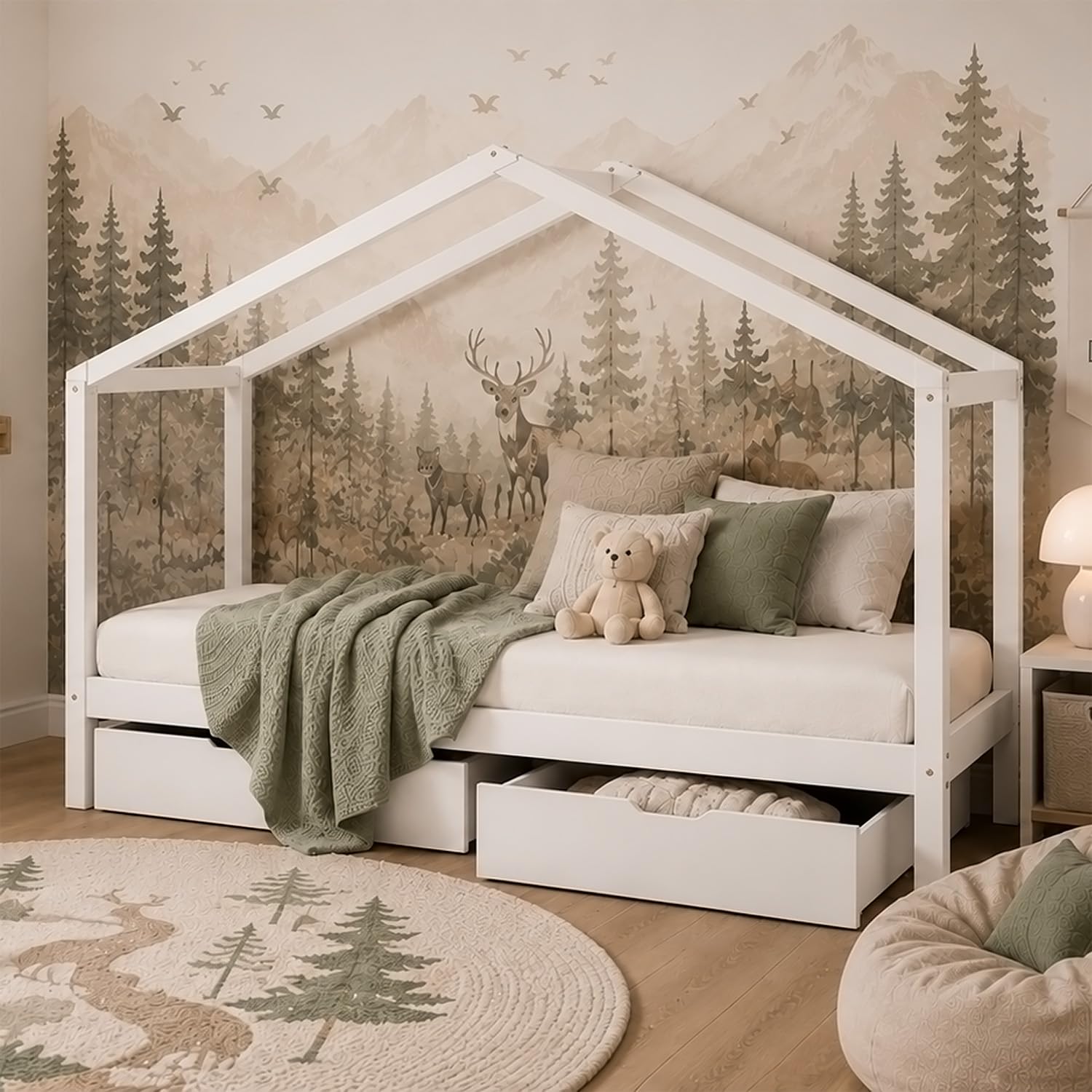 Homestyle4u Kinderbett 90x200, Hausbett Weiß mit Bettkasten