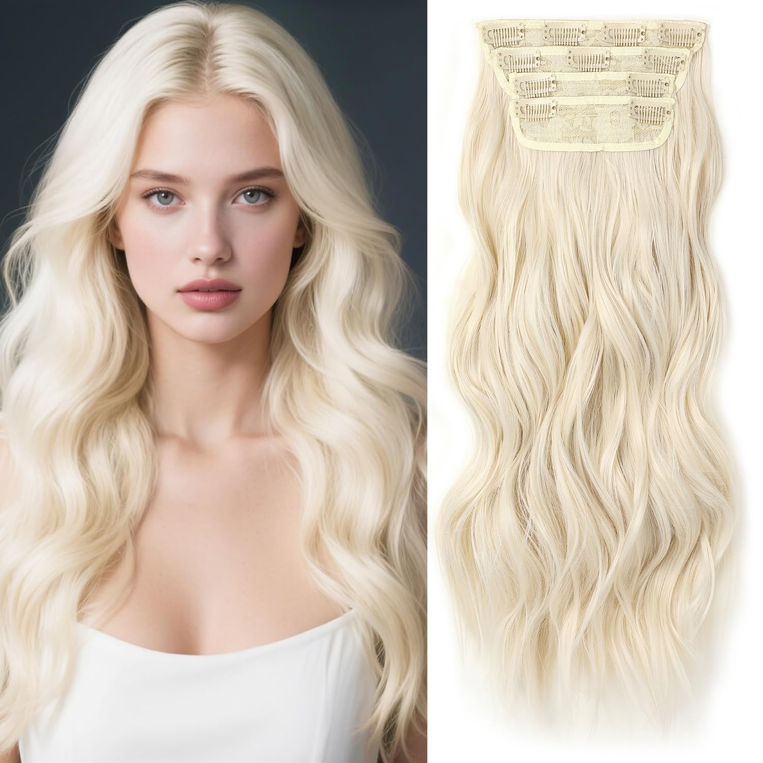 Mscat 20 Inch Platinum Blonde Clip in Hair Extensions Synthetic Thick Hair pieces for Women Girls 4PCS Full Head Set Curly Synthetic Hair Extensions(60#)