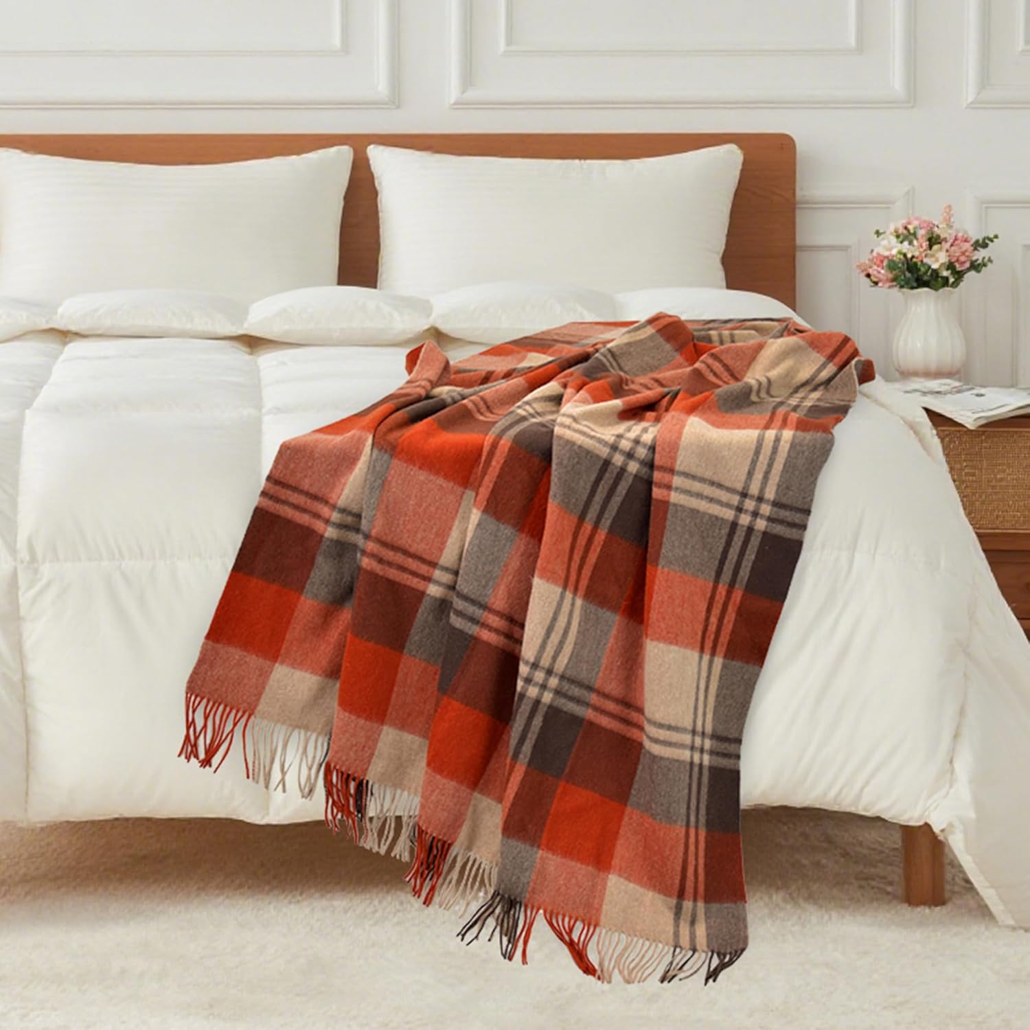 Pure Wool Blanket - 85" x 55" - Soft Cozy, Wool Knee Blanket with Fringe for Couch Sofa Bed, Lightweight Breathable Throw for Home Travel, Tangerine Checked