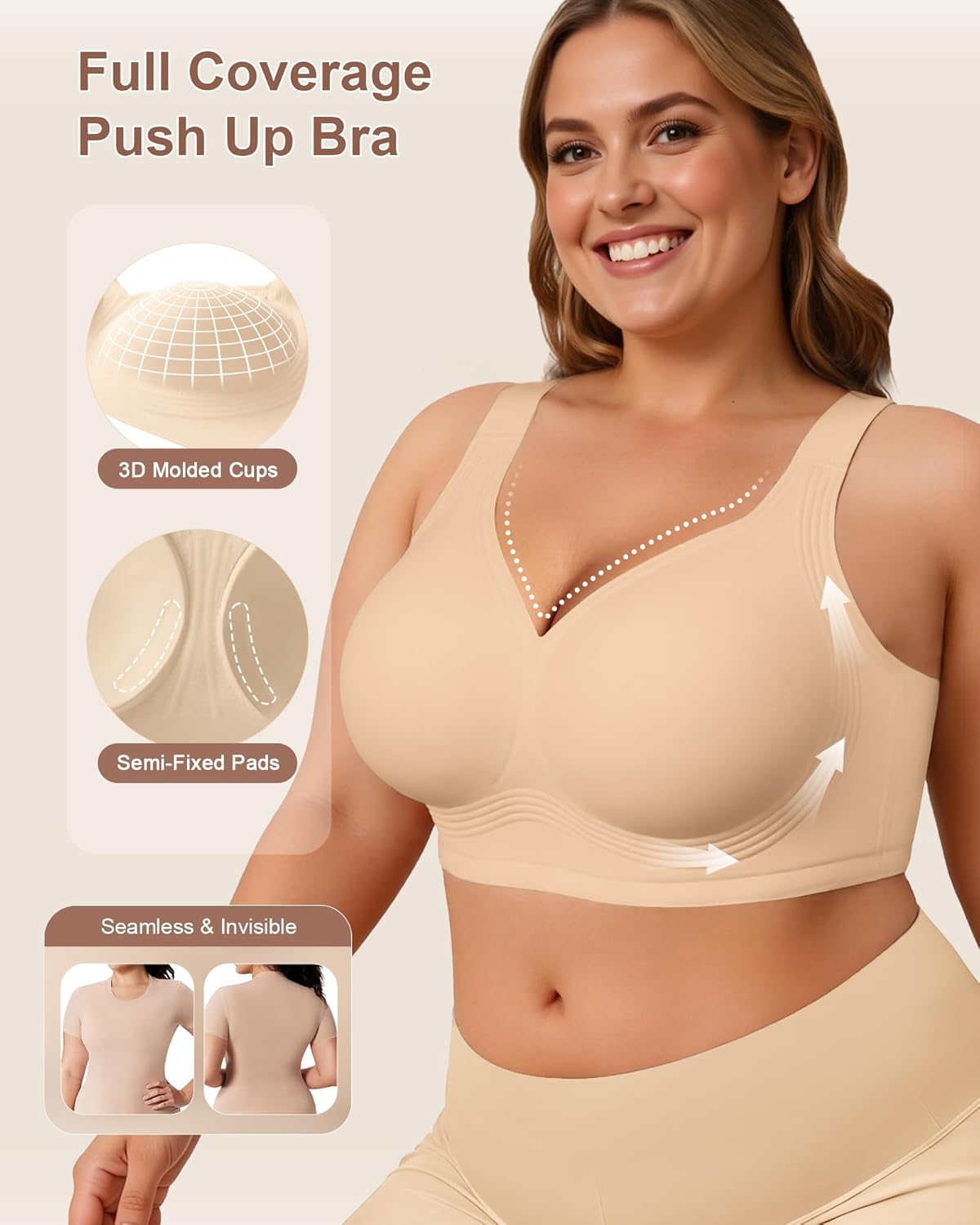 Wireless Jelly No Underwire Supportive Push Up Full Coverage Seamless Comfortable Plus Size Older T-Shirt Bra - Image 2