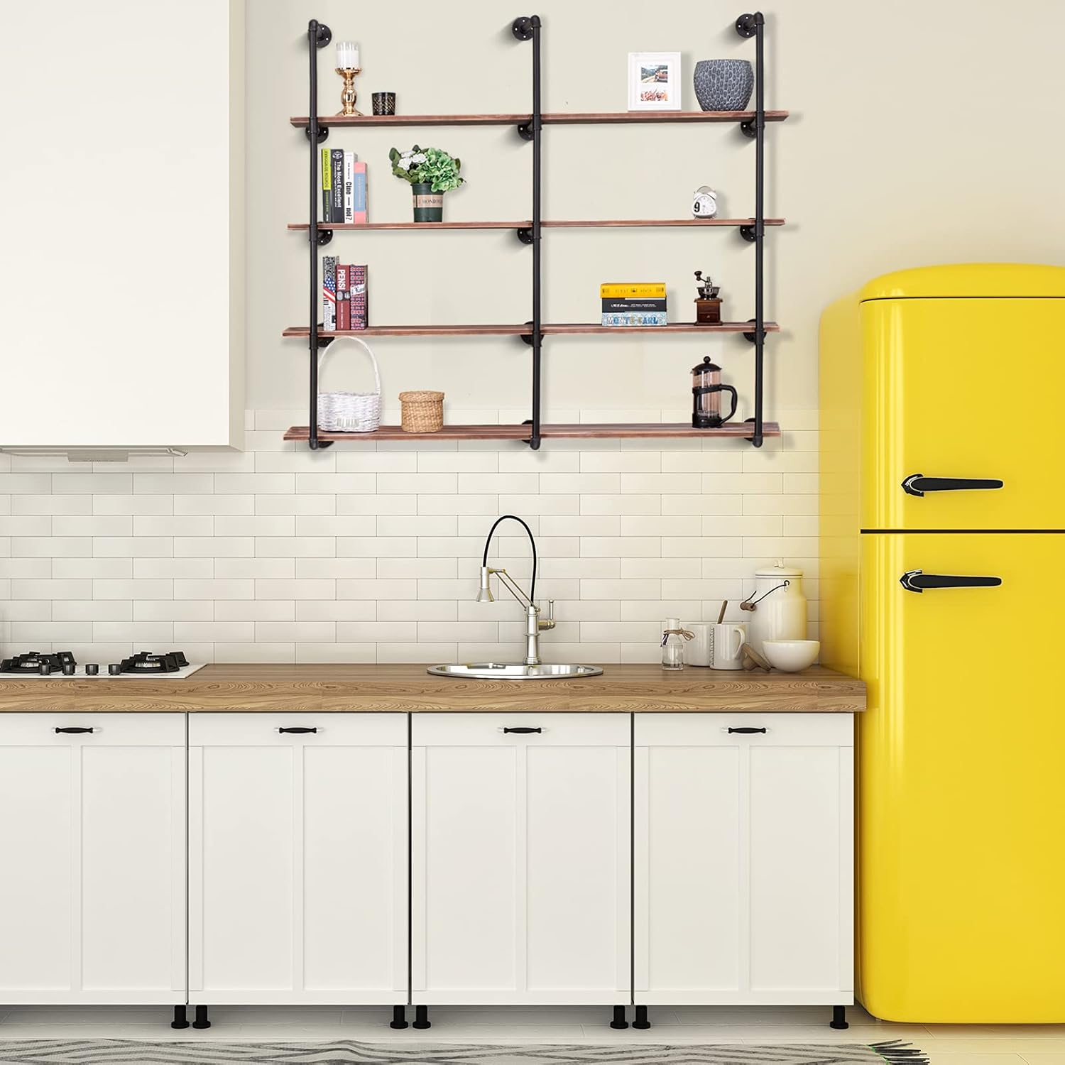 BLACK Pynsseu Industrial Wall Mounted Iron Pipe Shelf, Rustic DIY Open Bookshelf, Farmshouse Pipe Shelves for Kitchen Bathroom, 3 Pack