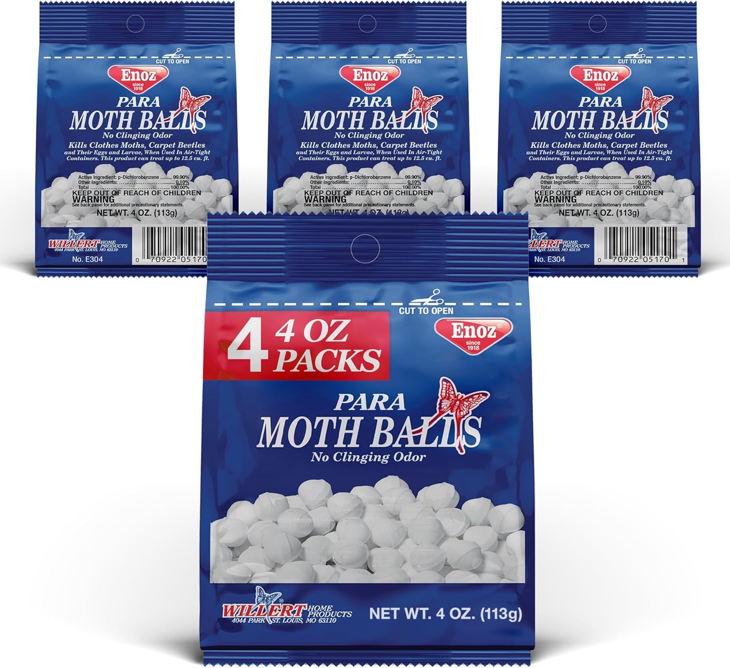Enoz Para Moth Balls, Kills Clothes Moths and Carpet Beetles, No Clinging Odor, 4 Oz (Pack of 4)