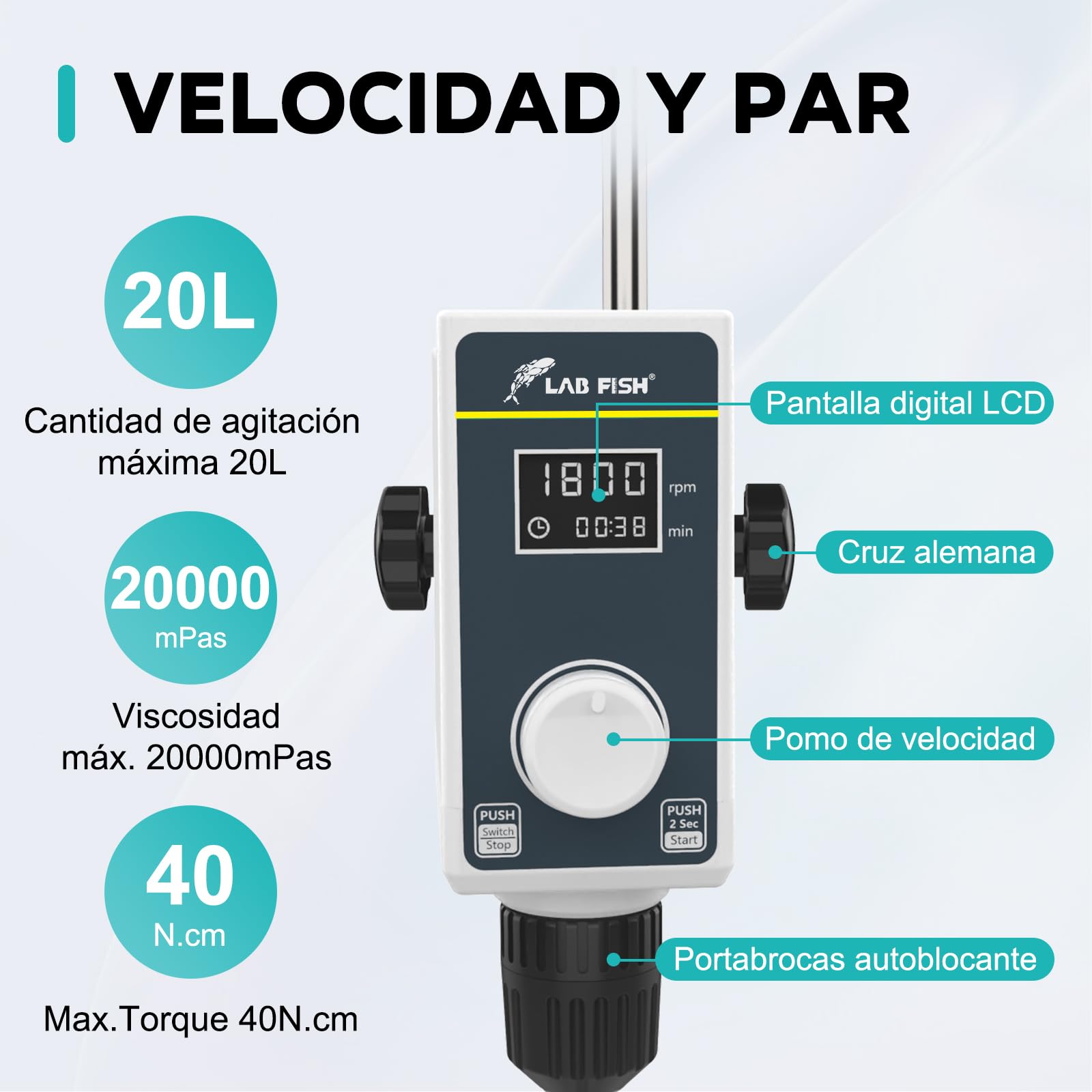 LAB FISH Agitador de Sobremesa Overhead Stirrer, Mezclador de Laboratorio con Paleta y Soporte Acero Inox, Velocidad Ajustable 100-1500 RPM, Temporizador 1min-24h, 20L
