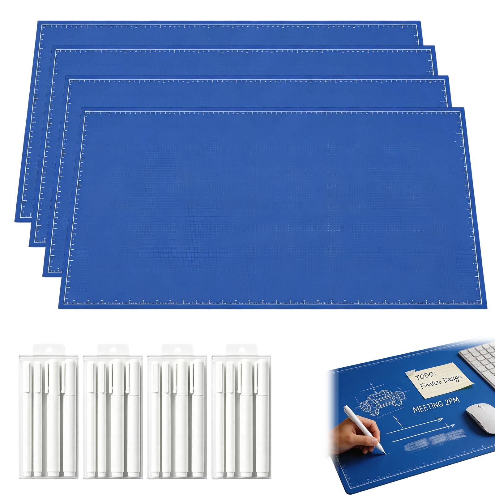 2027 Upgrade Blueprint Desk Mat - Blueprint Deskmat Includes Marker, 28" × 12" Large Writable Desk Pad, A Double-Sided Deskmats to Draw, Erase & Redraw As Needed (4*Set)