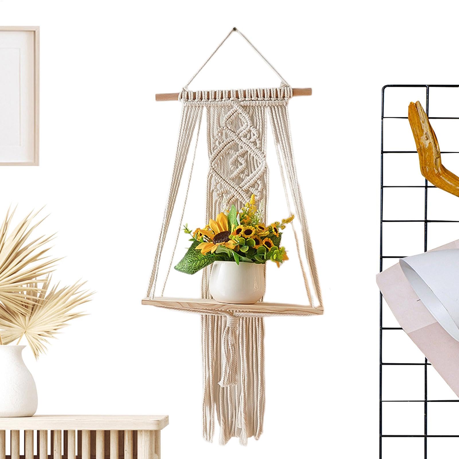 Organiseur mural bohème suspendu avec tablette en bois et macramé