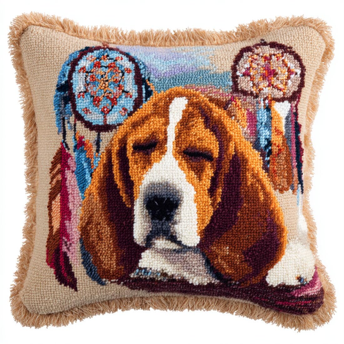 Kitquiver Animal DIY Latch Hook Kit Dogs and Dreamcatchers DIY Latch Hook Kits Pillow Needlepoint Cushion Kit for Home Décor Needlework Set for Adult Beginners 17x17In