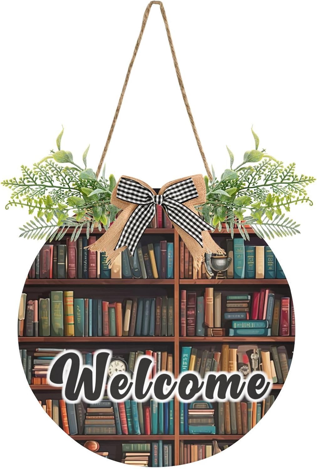 YETTASBIN Welcome Sign Library Bookshelf Front Door Sign, Waterproof Wall Hanging Plaque Decorative Porch Wreath for Housewarming, Farmhouse Yard Garden Home Holiday Decor, 12 x 12 Inch