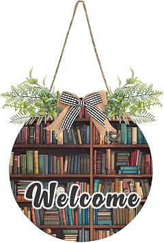 YETTASBIN Welcome Sign Library Bookshelf Front Door Sign, Waterproof Wall Hanging Plaque Decorative Porch Wreath for Housewarming, Farmhouse Yard Garden Home Holiday Decor, 12 x 12 Inch