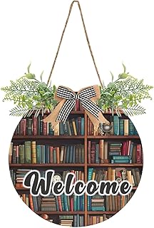 YETTASBIN Welcome Sign Library Bookshelf Front Door Sign, Waterproof Wall Hanging Plaque Decorative Porch Wreath for Housewarming, Farmhouse Yard Garden Home Holiday Decor, 12 x 12 Inch