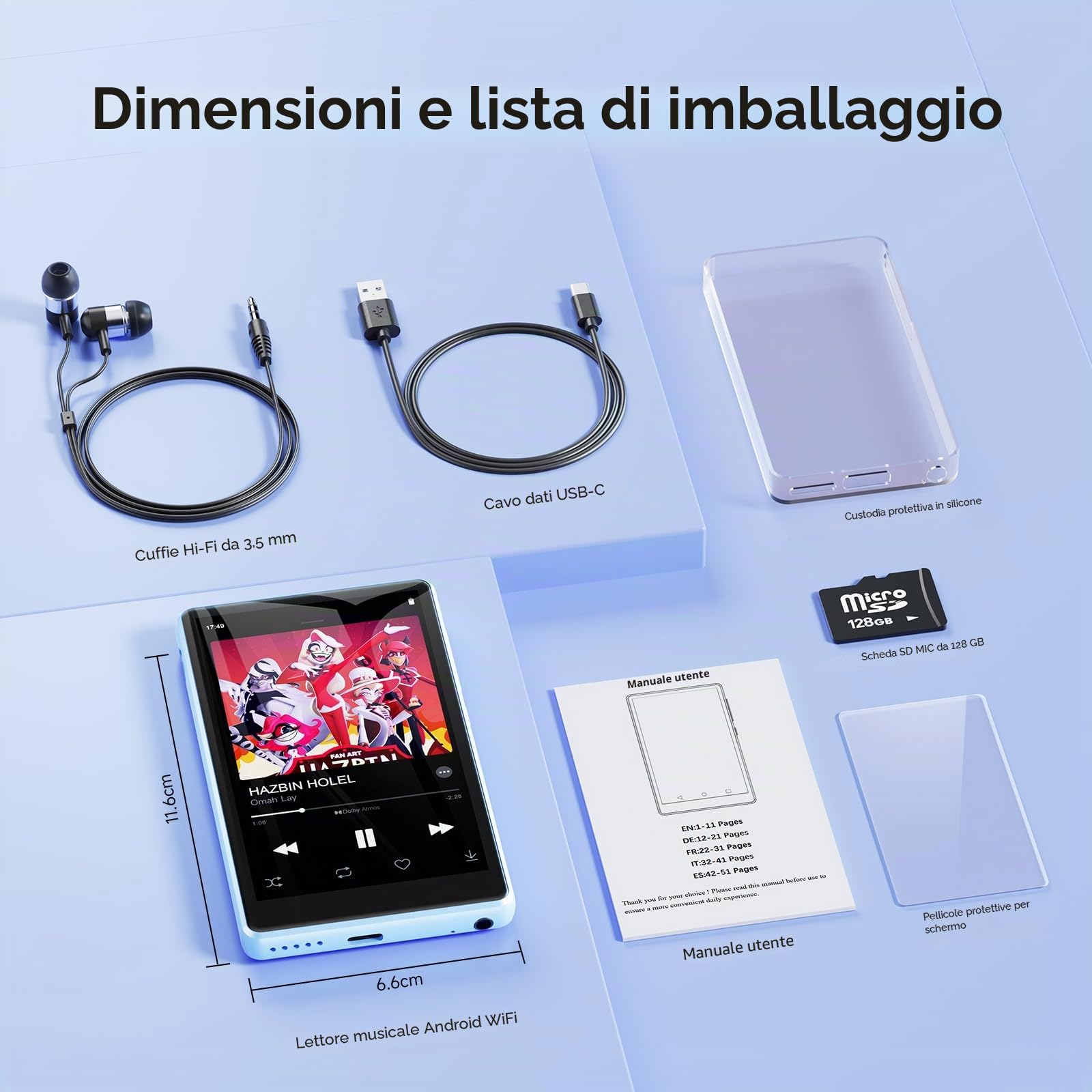 160 GB Lettore MP3 con Spotify, Bluetooth e WiFi, schermo touchscreen da 4,5 pollici, lettore MP4, lettore musicale Android 13 MP3 MP4 con Spotify, Play Store, Amazon Music, Deezer, radio FM
