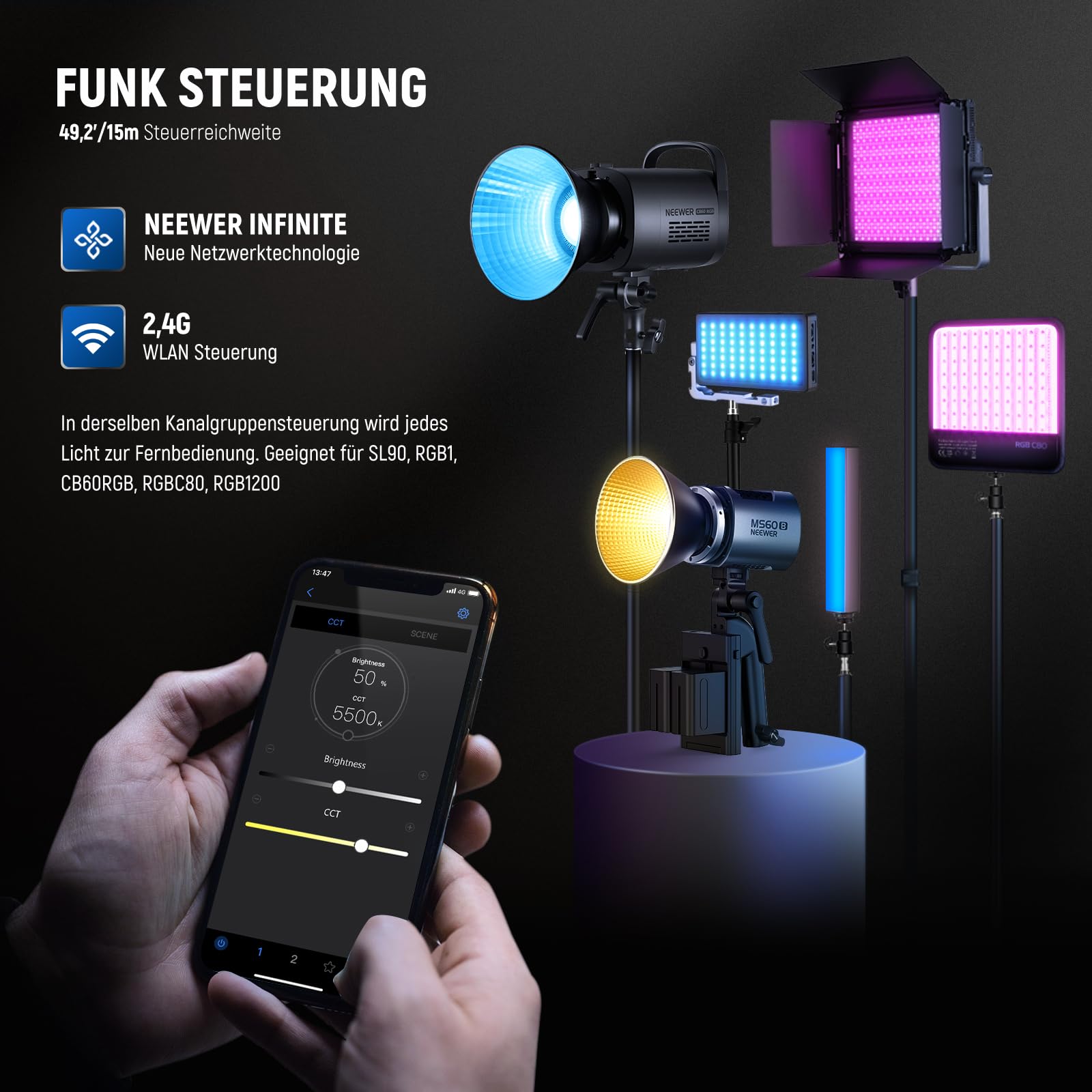NEEWER MS60B LED Videoleuchte mit 6 Farbdiffusoren Kit, 65W Mini COB 2,4G/APP Steuerung Bi Color 2700K-6500K Dauerlichtleistung 40000lux/m CRI97+ TLCI98+ 12 Szenen, PWM Dimmung, Bowens Mount