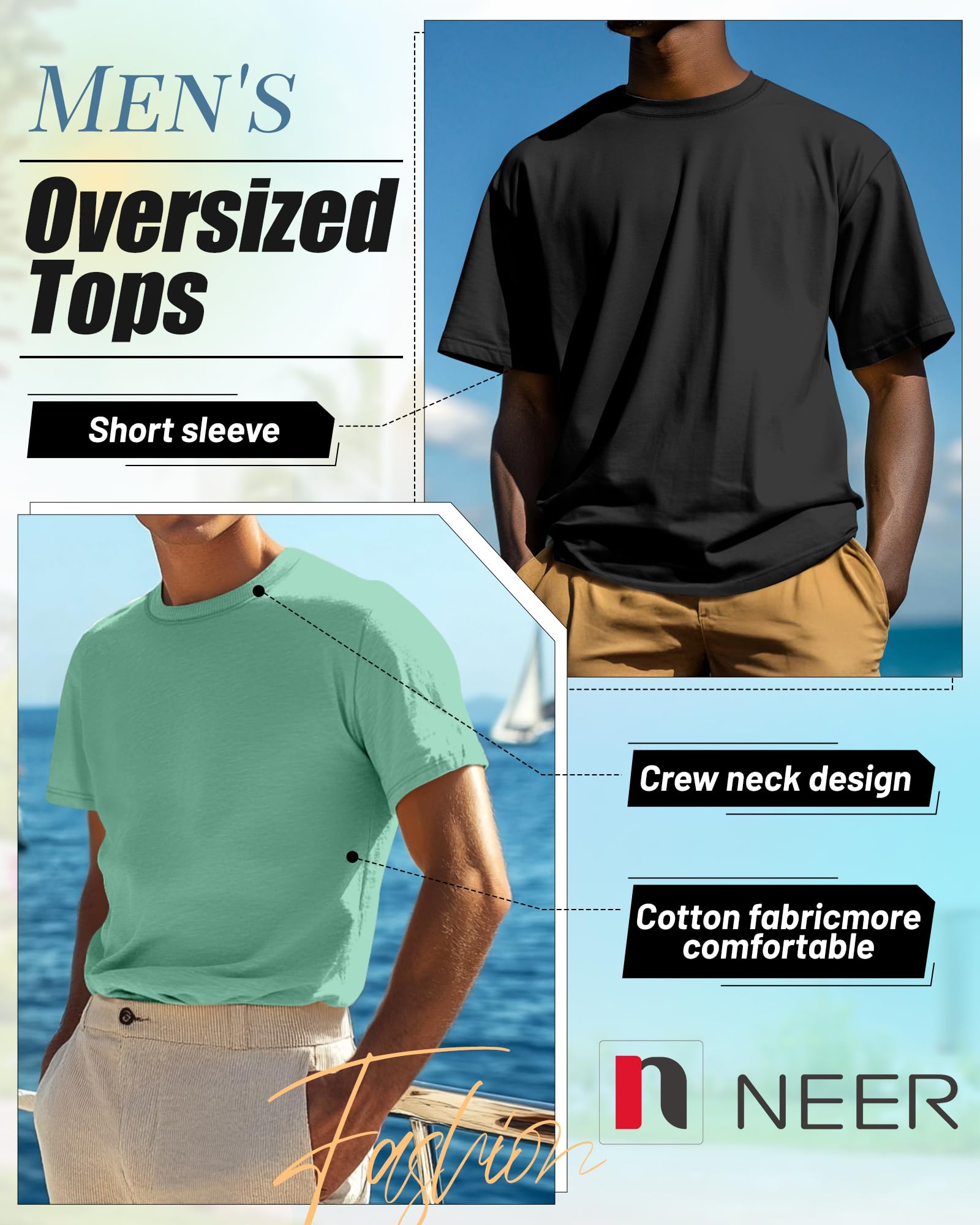 Neer Paquete de 7 camisetas de verano de algodón de manga corta para hombre, cuello redondo, estilo informal, básicas, de gran tamaño