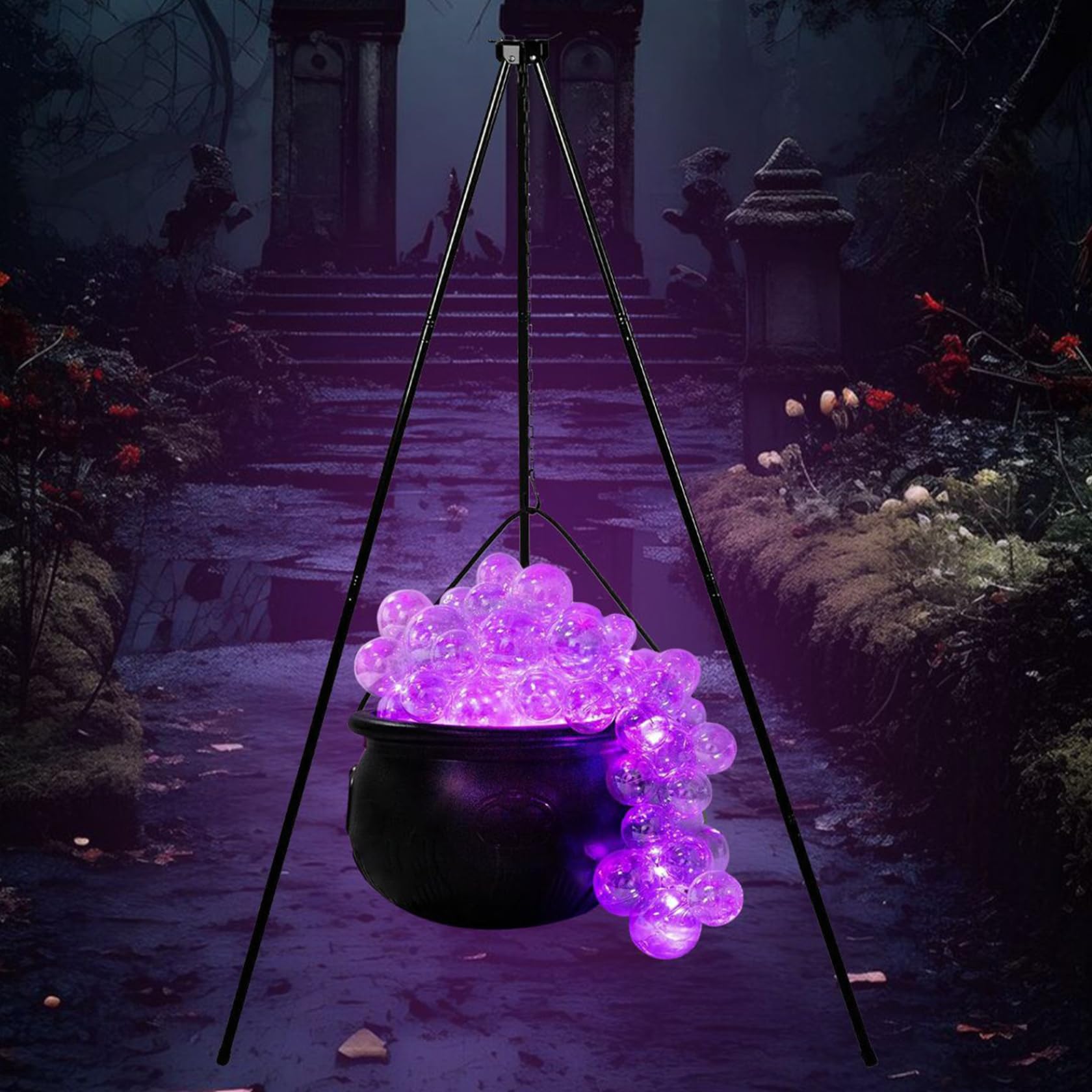 StaZamor 7.68in LED Bubbling Black Witch Cauldron with 30in Tripod & 30 Clear Balls, Spooky Halloween Decoration for Party, Yard, Porch, Halloween Candy Bowl