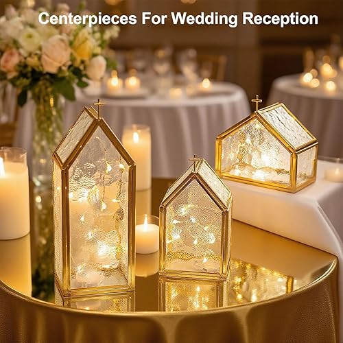 Miniatura 7 de Juego de 3 portavelas de cristal dorado con marco de metal de cobre y diseño de cruz, portavelas decorativos de Navidad para centro de mesa,