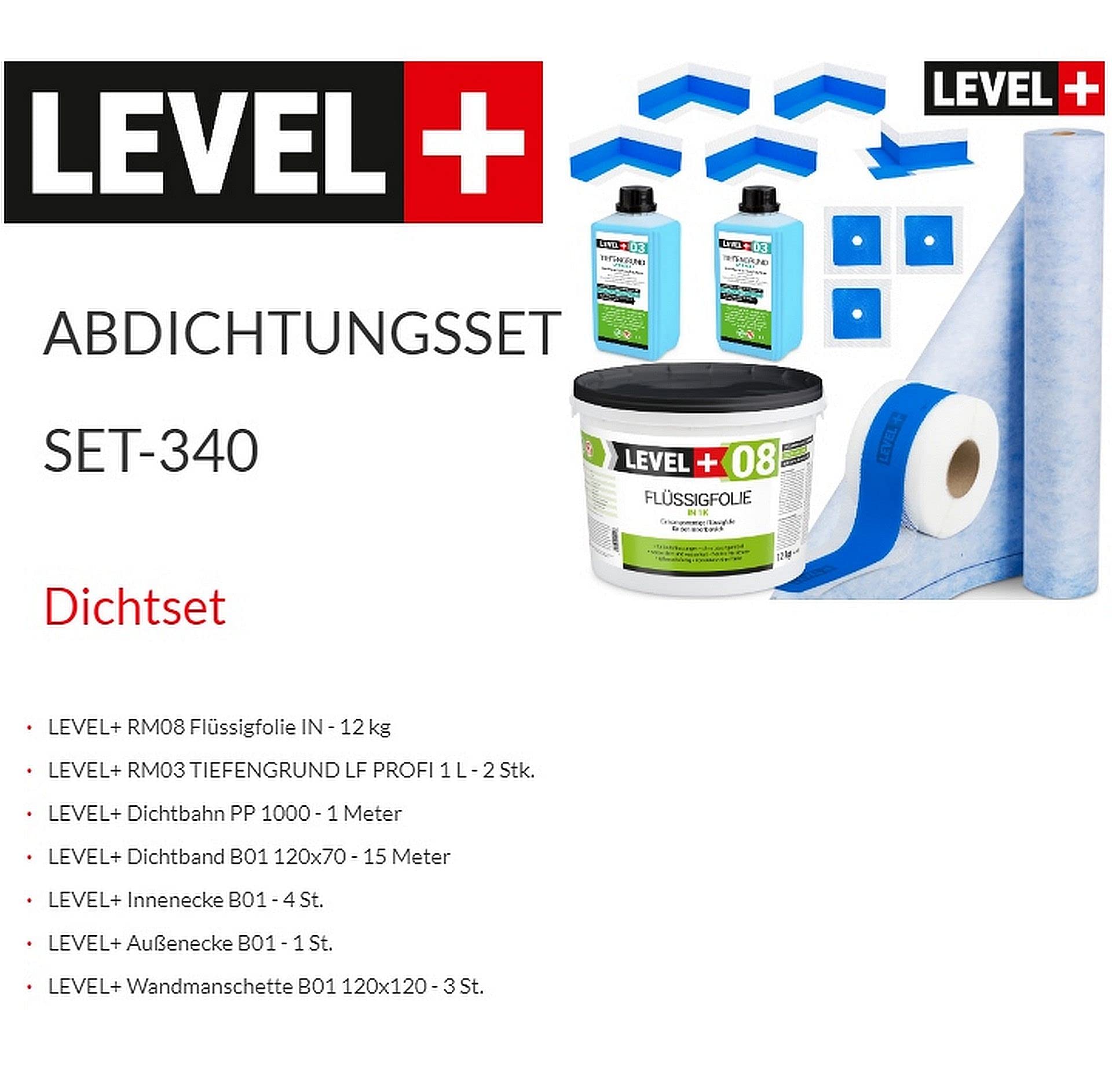 Dicht-Set 12Kg Flüssigfolie, 1m Dichtbahn, 15m Dichtband, 4 Innenecken, 1 Außenecke, 3 Wandmanschetten, 2L Tiefengrund, Dusche, Bad, Küche SET340