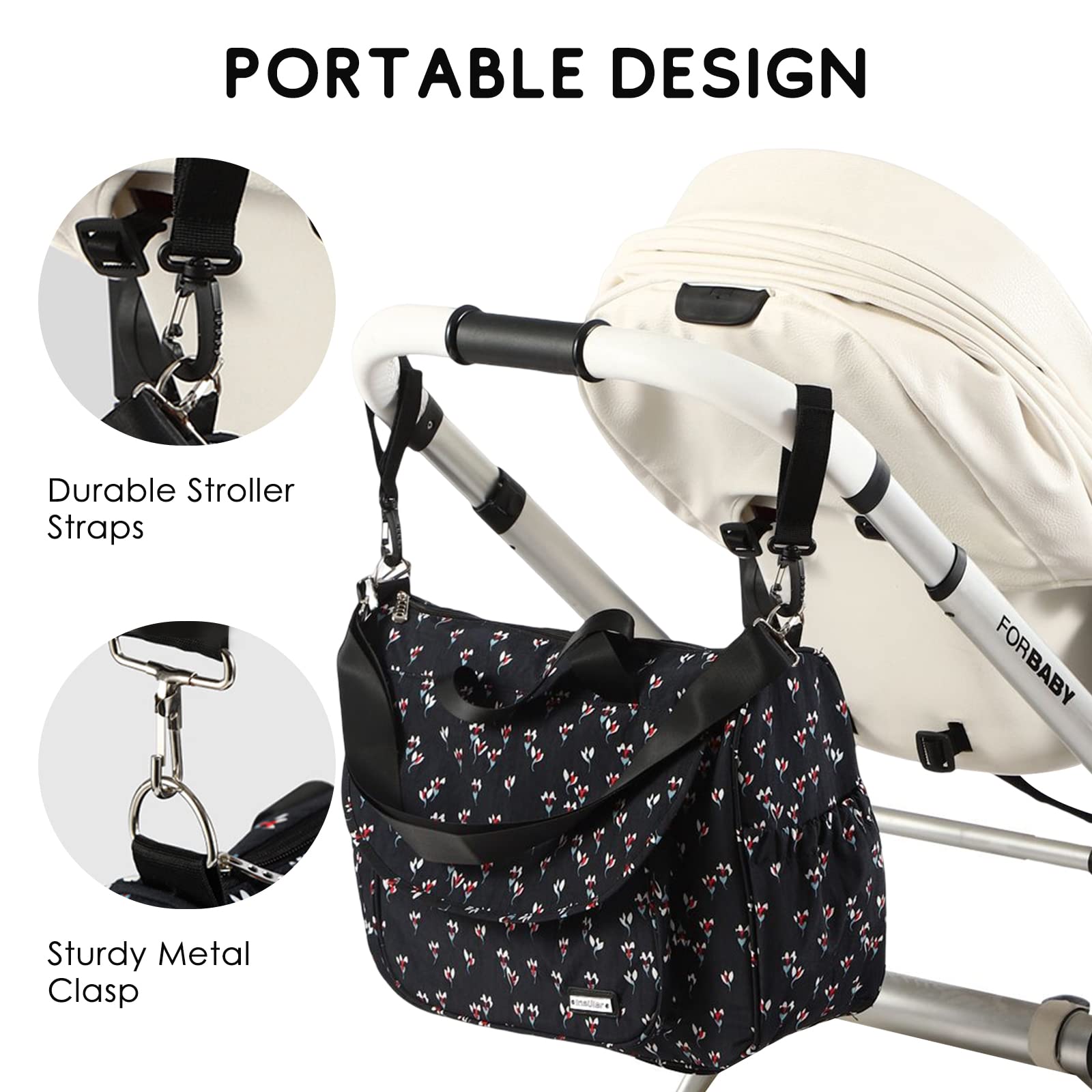 SONARIN Multifunktionale Baby Wickeltasche,Wasserdicht Reise Wickeltasche Umhängetasche Tragetasche Henkeltaschen Babytasche mit Wickelunterlage & Flaschentasche & Kinderwagen Haken(Schwarz)