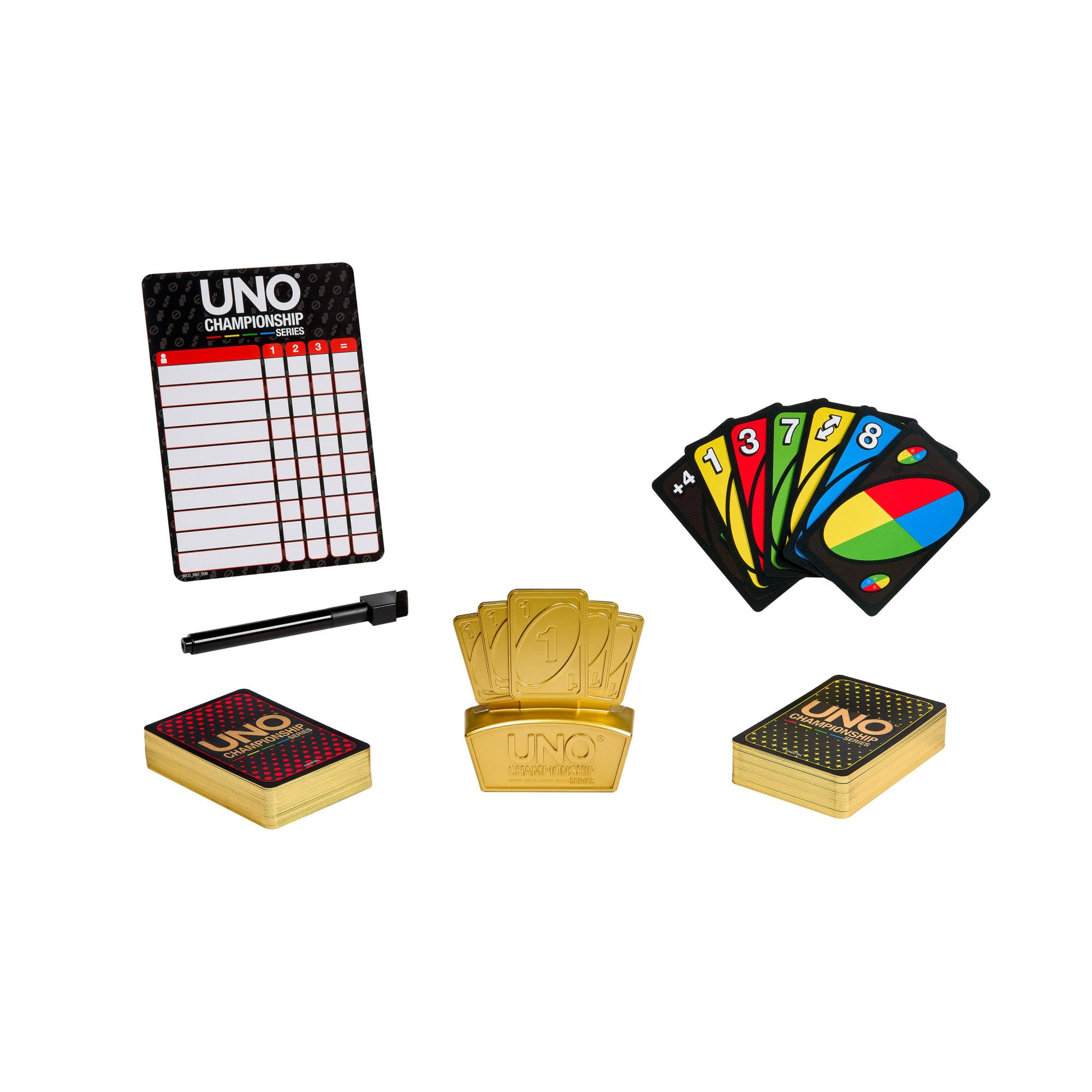 Mattel Games UNO Championship-Reihe Turnier-Set Kartenspiel | Enthält Spiel, Spielstandtafeln, Marker & Trophäe für große Gruppen, Parys, Spielabend, für 6–20 Spieler, ab 7 Jahren, JMY23