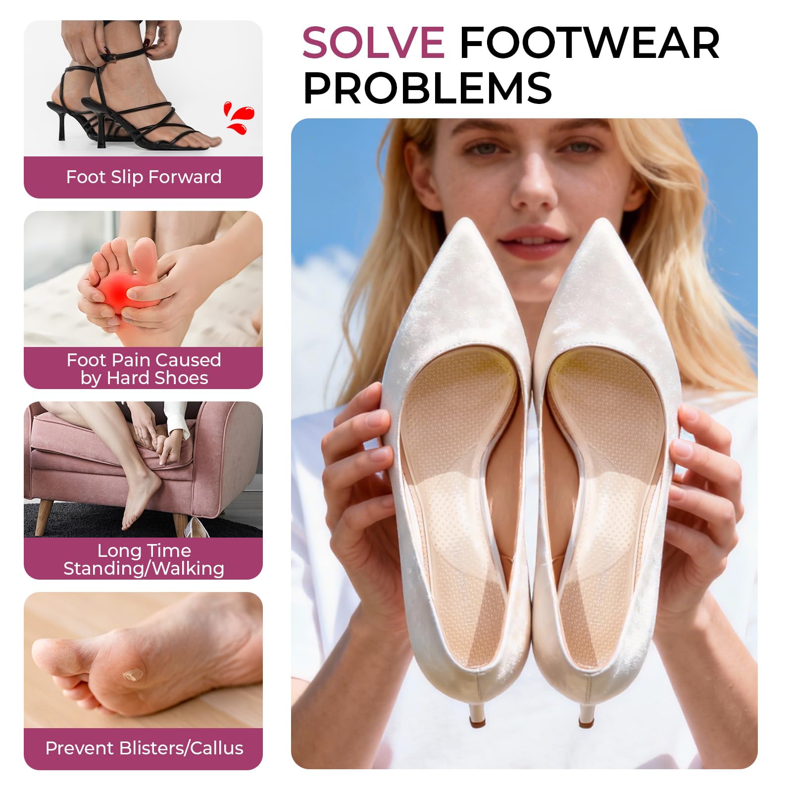 Welnove Plantillas gel Mujer 3/4 Almohadillas suaves para aliviar dolor fatiga 2 pares Sandalias tacón alto Pies planos Fascitis plantar