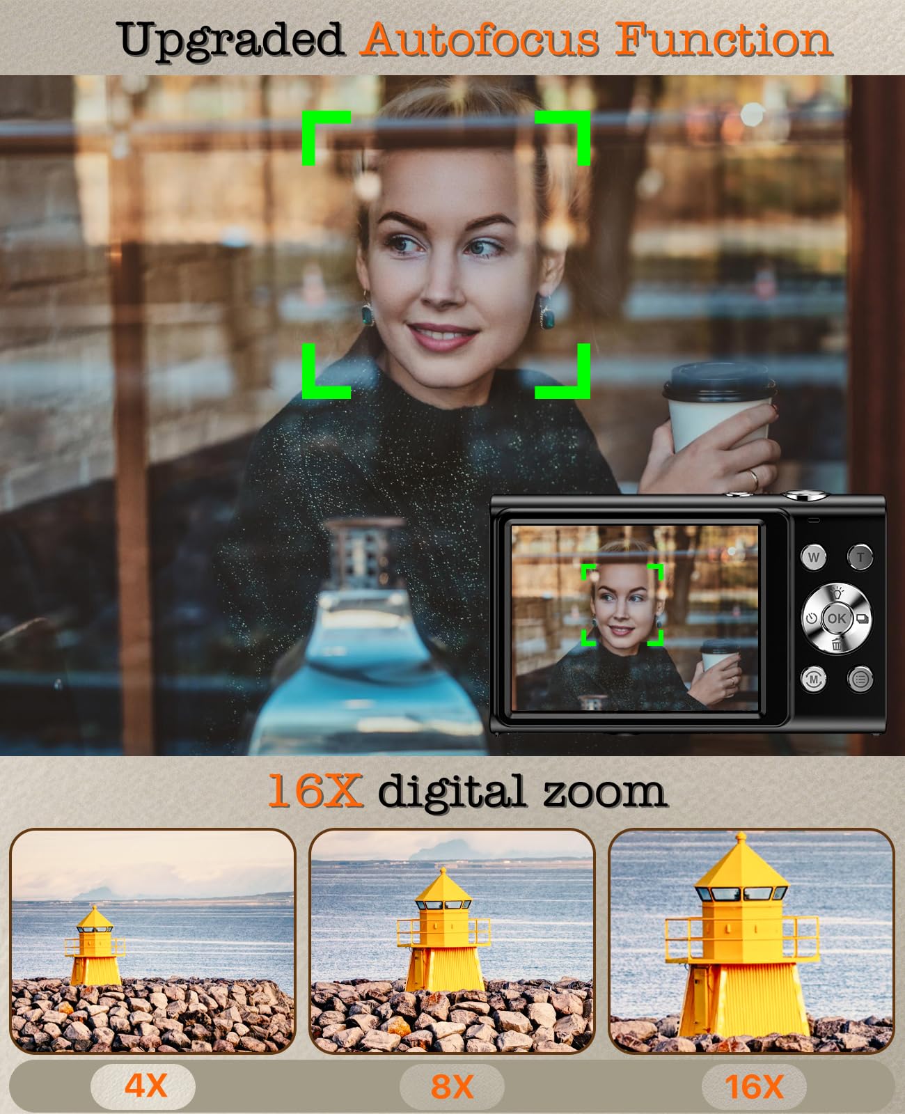 Cámara digital, cámara de vlogging 4K para cámaras de enfoque automático de YouTube para fotografía con zoom digital de 16X, cámara digital compacta de 48 MP para adolescentes y adultos con tarjeta SD