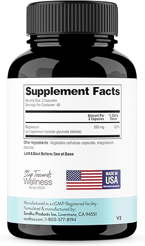 Miniatura 3 de Sandhu's Lisinato de glicinato de magnesio 120 cápsulas veganas quelatadas fáciles de tragar Suplemento de quelato de lisina de magnesio para alta