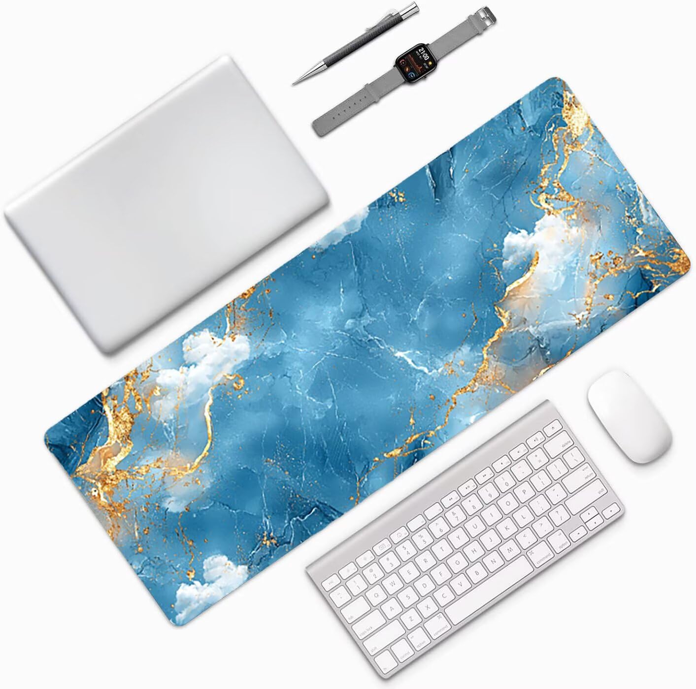 Lpfieonn Marmormuster Großes Schreibtischunterlage, XXL Schreibtischunterlagen, Blau XXL Wasserdicht Gaming Mousepad mit Vernähter Rand und Rutschfeste Gummibasis, für Hause/Büro 120x60cm PF-2451