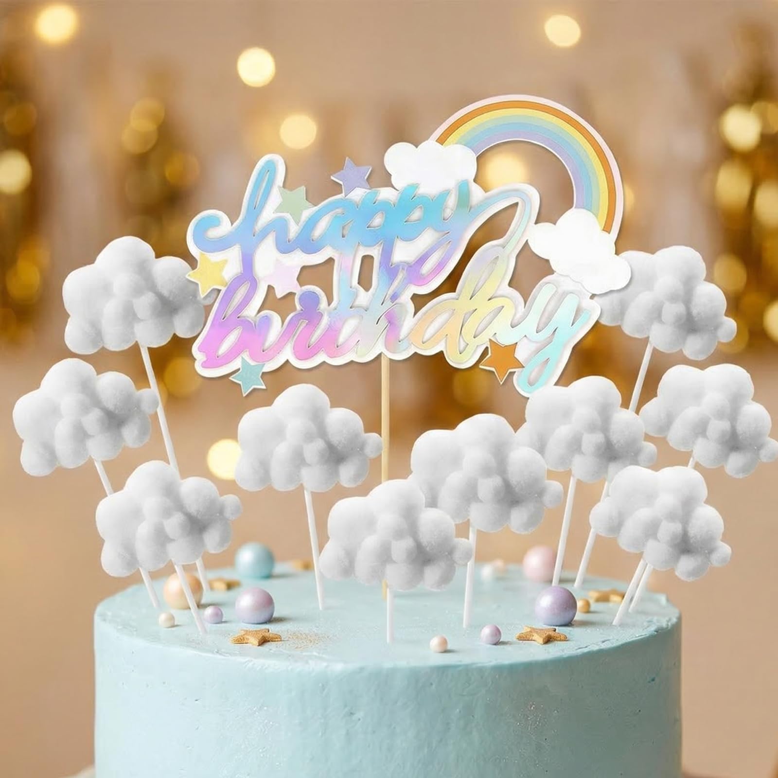 10PCS Large Cloud Cake Toppers with Happy Birthday Sign - Non Edible Cupcake Decorations for Birthday Party, Baby Shower, Wedding (White Clouds & Rainbow)