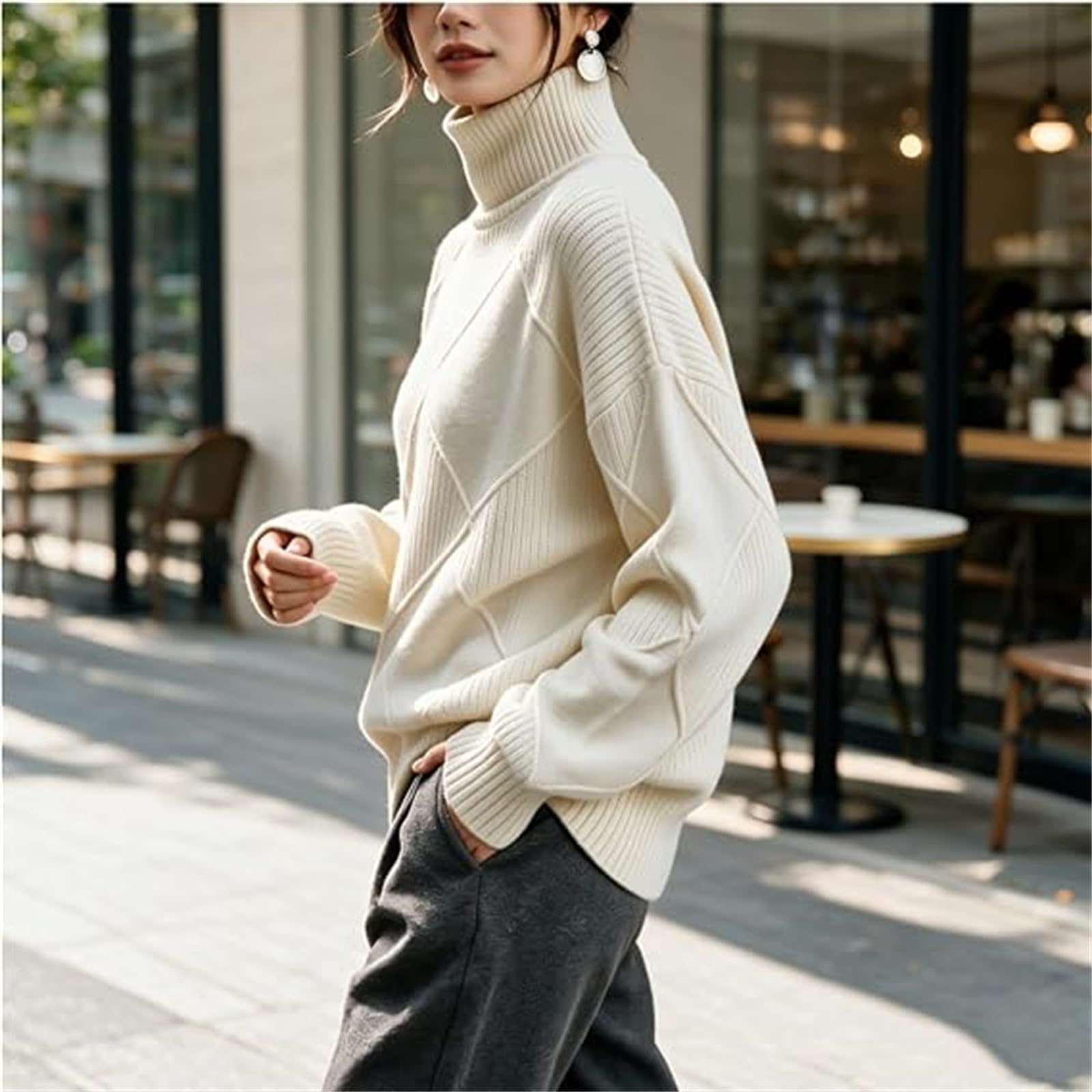 Maglione da donna oversize a collo alto in maglia a diamante | Maglione lavorato a maglia a coste geometriche del collo alto, cima di base calda di base di strato di lavoro