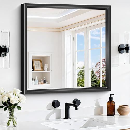 24x24 Square Black Mirror, Bathroom Mirrors for Over Sink 0.6"