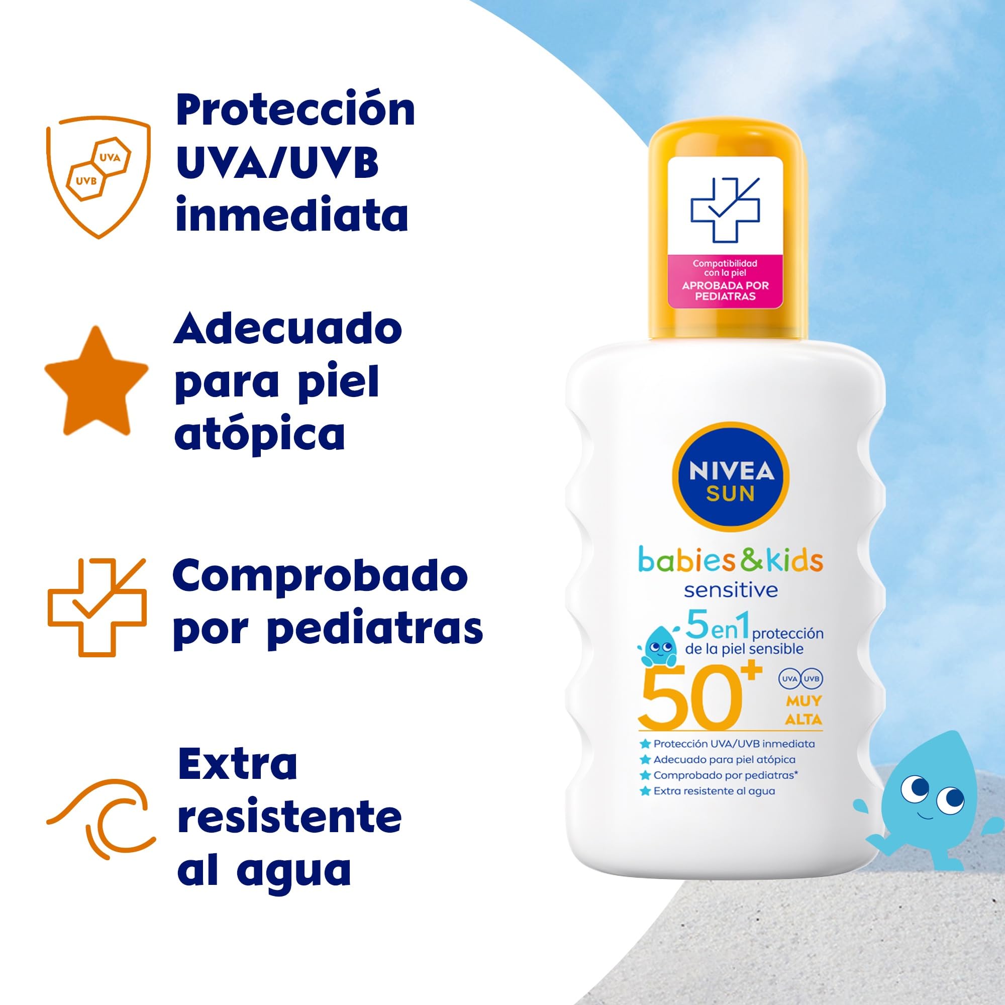 NIVEA SUN Babies & Kids Sensitive Spray Solar FP50+ (1 x 200 ml), protector solar para niños, protección solar muy alta, crema solar para bebés para reducir el riesgo de alergias solares