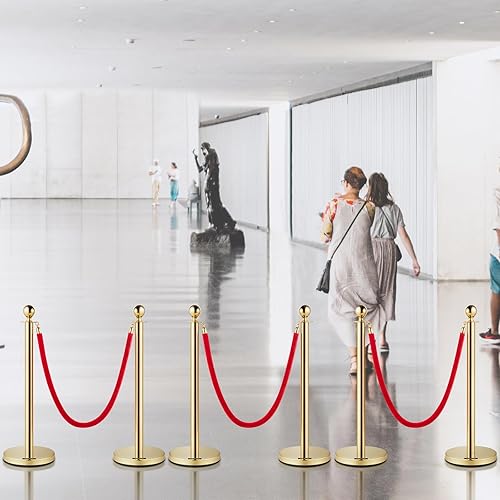 Miniatura 8 de VEVOR Cuerdas y postes de terciopelo, 6 piezas, cuerda de terciopelo rojo de 5 pies, base sólida con parte superior de bola, barreras de control de